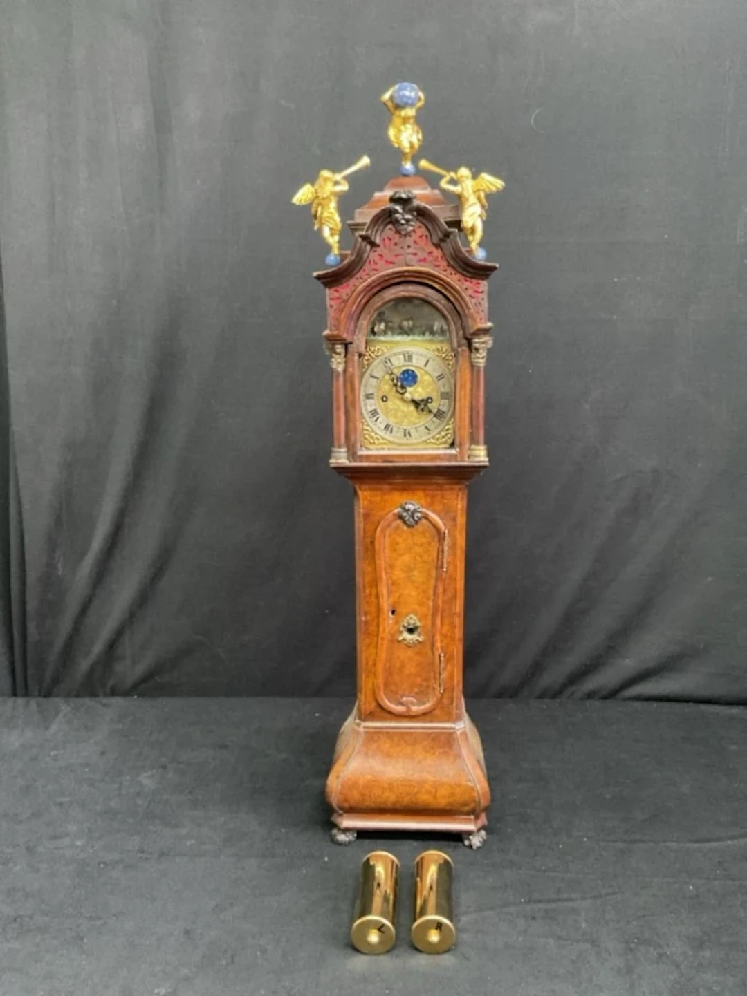 An C18th Dutch miniature walnut twin train longcase clock, the stepped