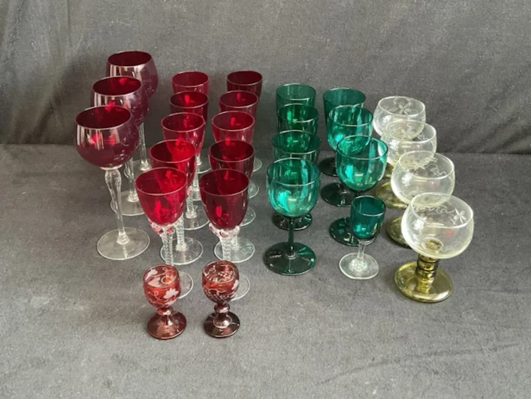 Miscellaneous coloured drinking glasses - sets of ruby red and Bristol