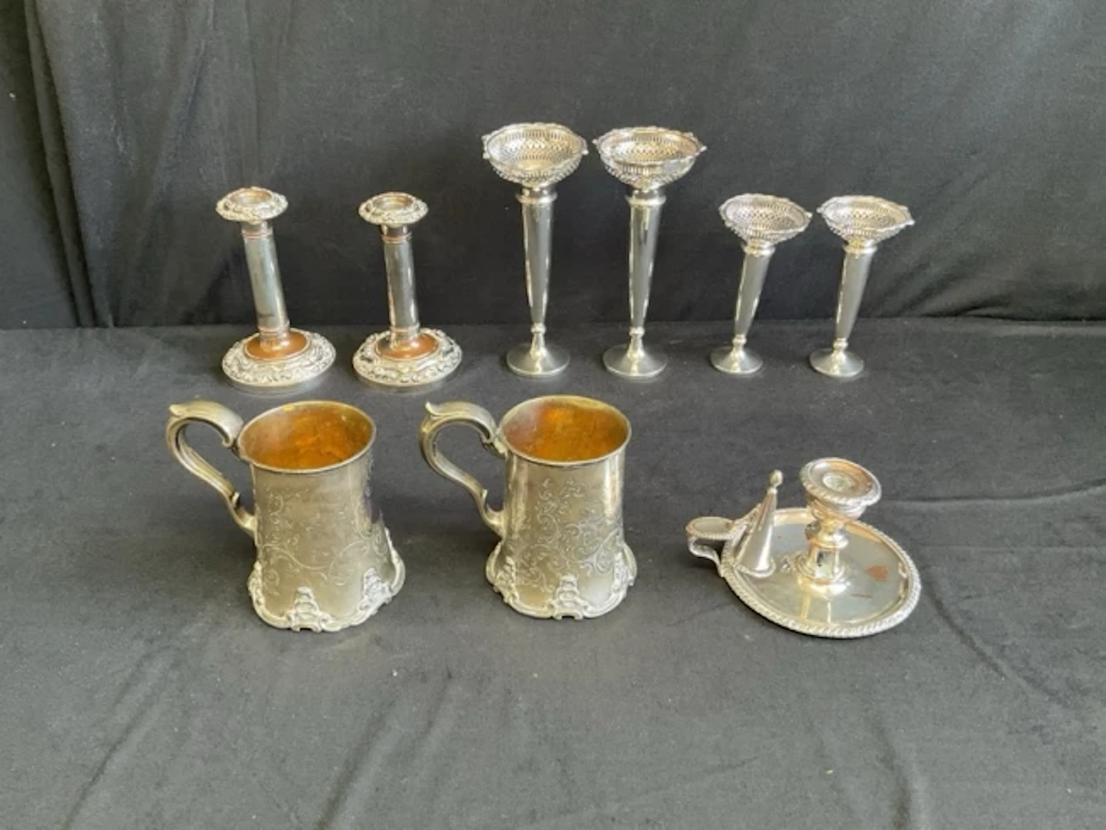 Miscellaneous silver plate - a pair of column candlesticks, a graduated
