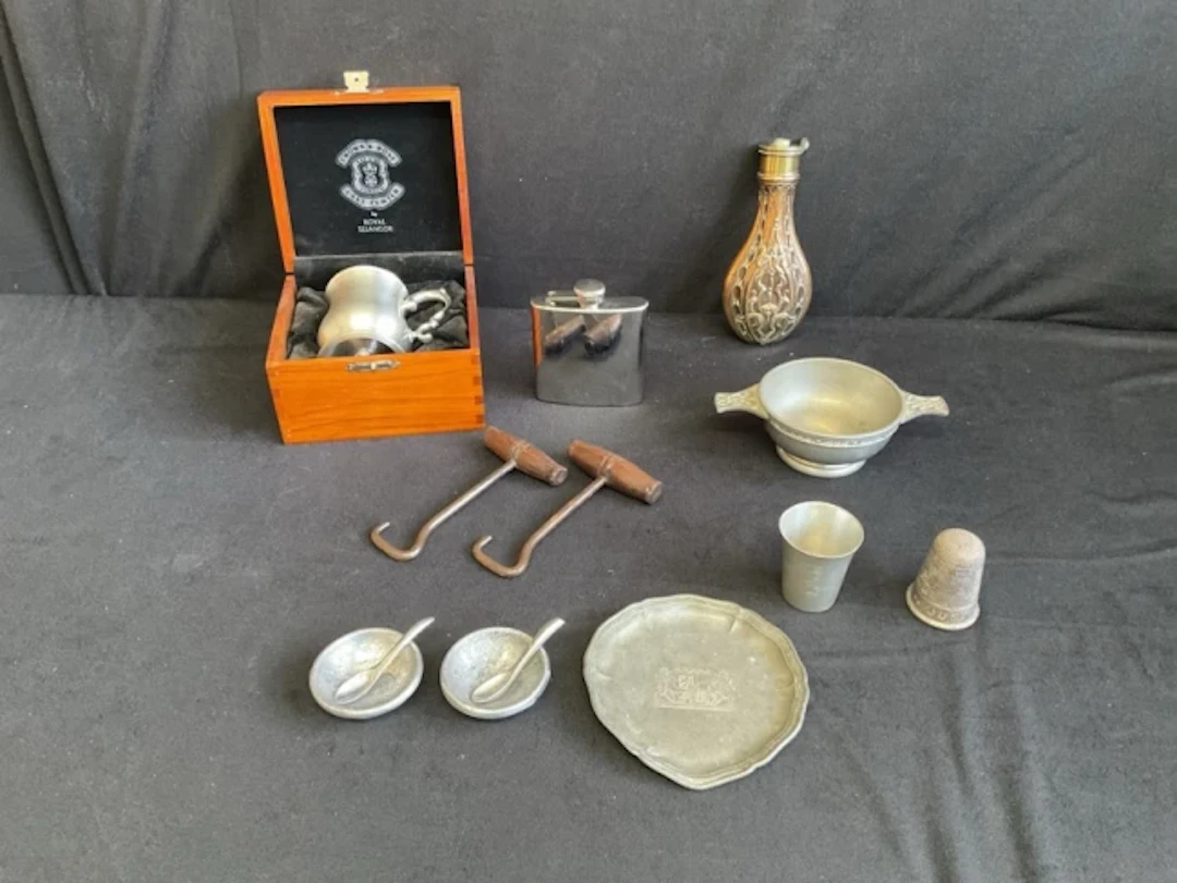 Miscellaneous items - a boxed pewter tankard, a flask, a pair of antique