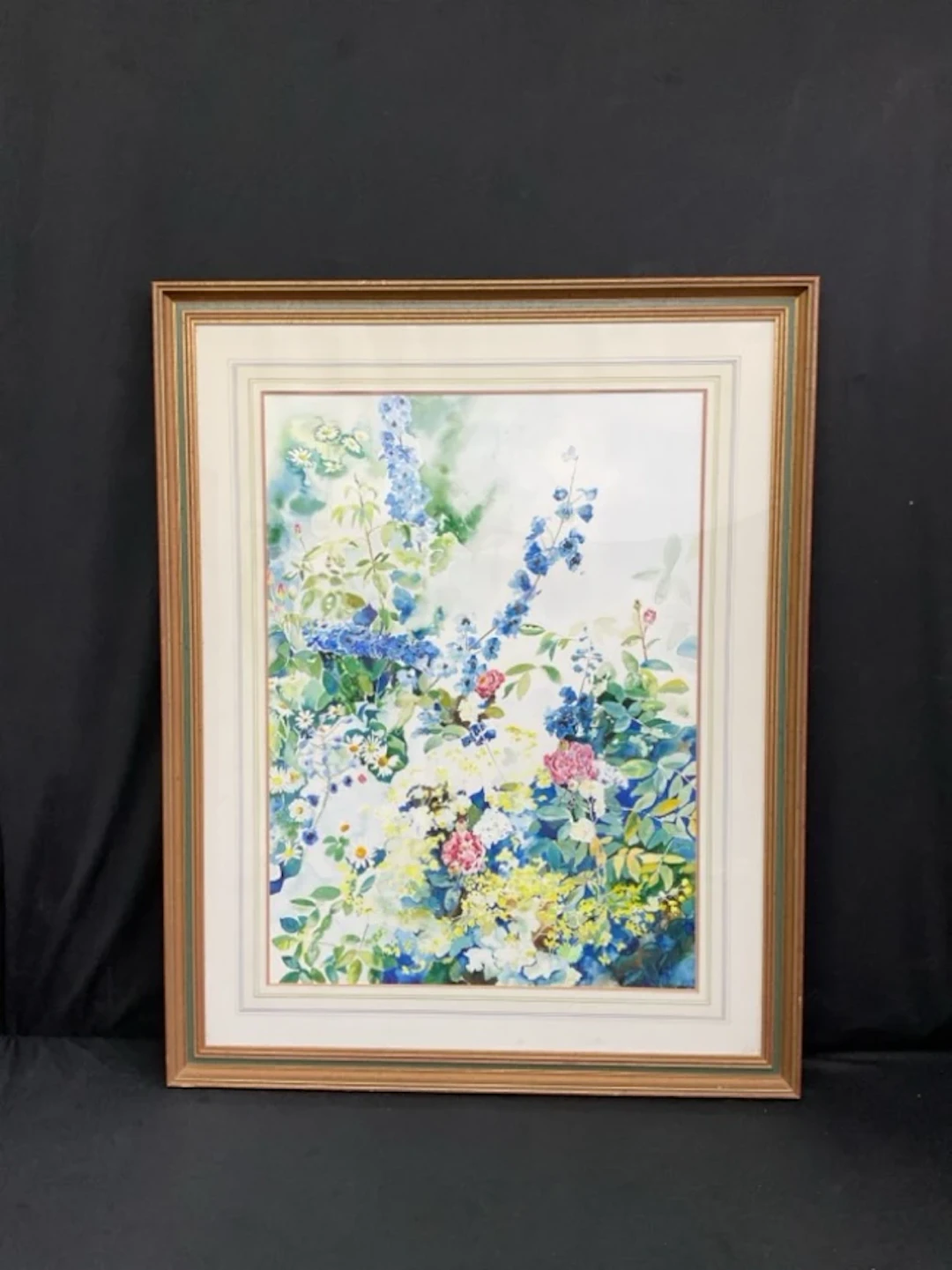 Ana Watkins, watercolour, garden flowers including daisies, delphiniums