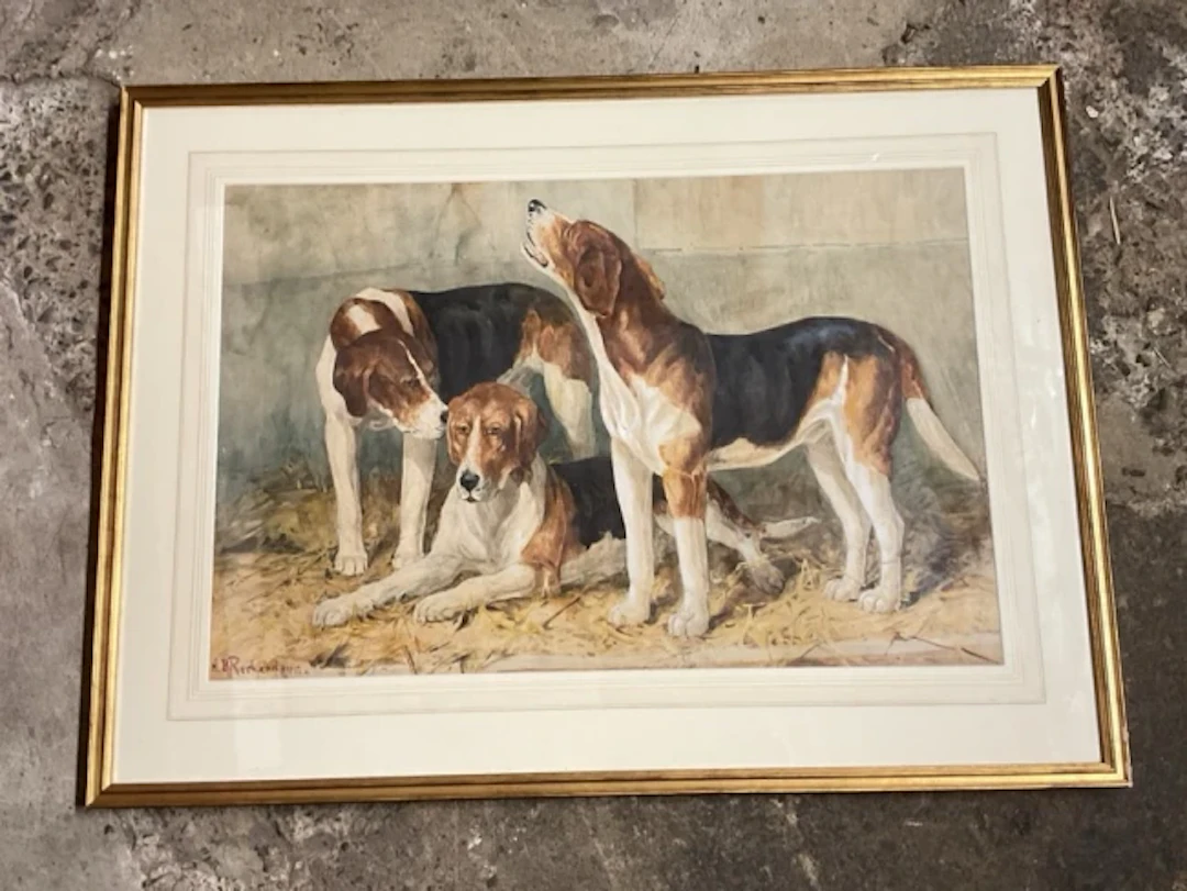 Henry Burdon Richardson, watercolour, three foxhounds in a stable