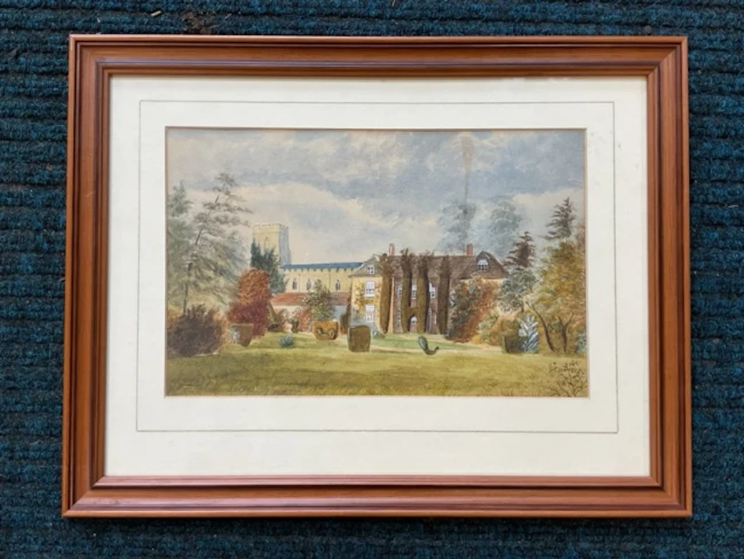 C20th watercolour, country house and garden beside a church, unsigned