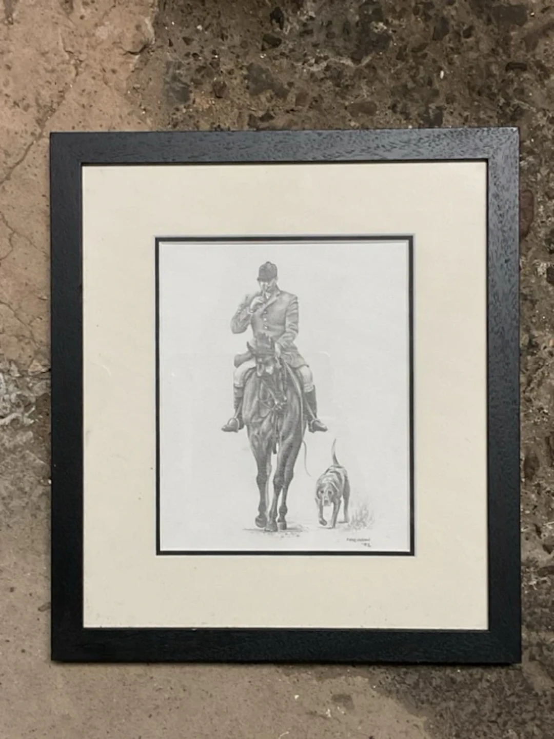 Helen Fergusson, graphite on paper, a mounted huntsman blowing his