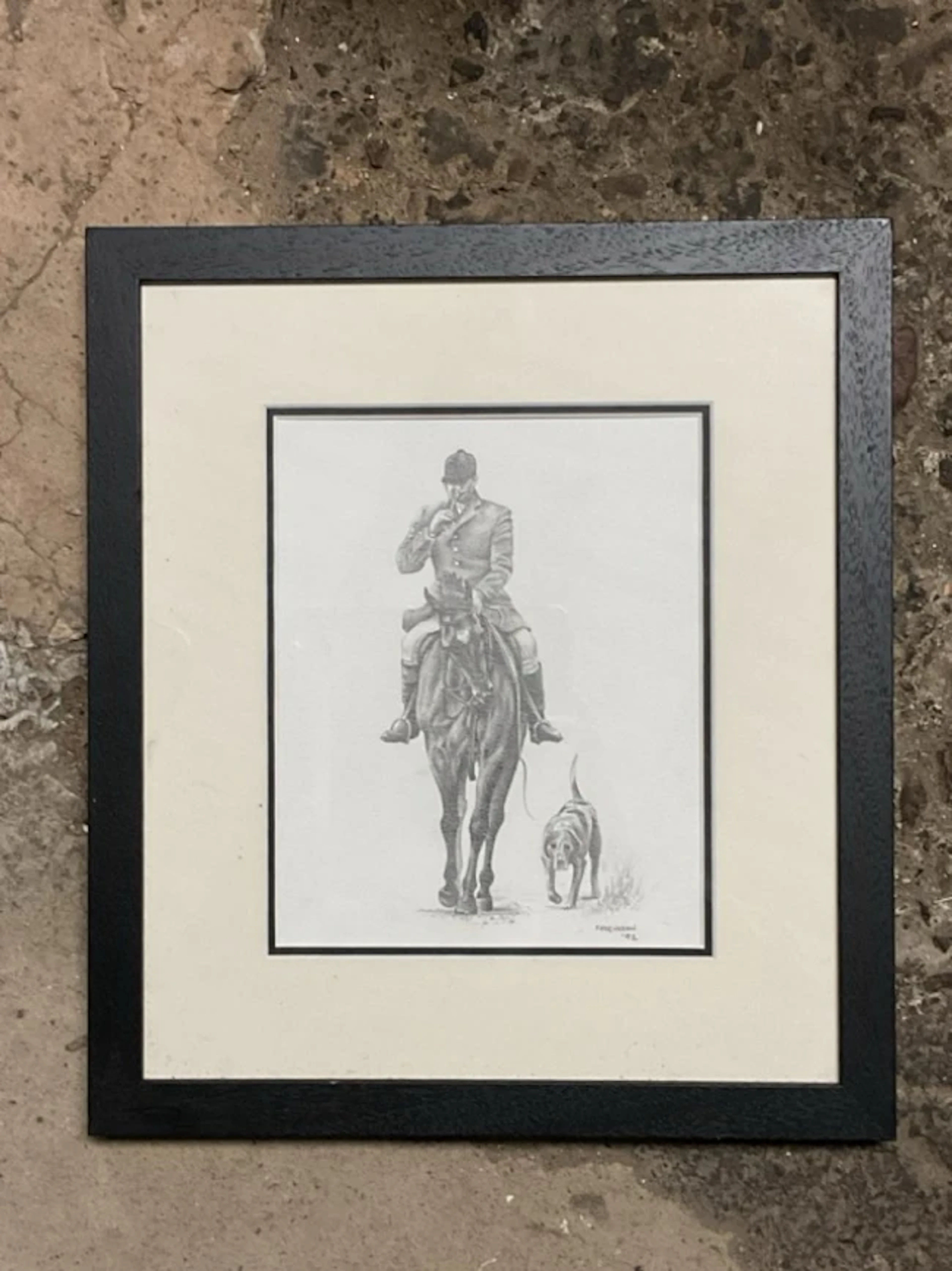 Helen Fergusson, graphite on paper, a mounted huntsman blowing his