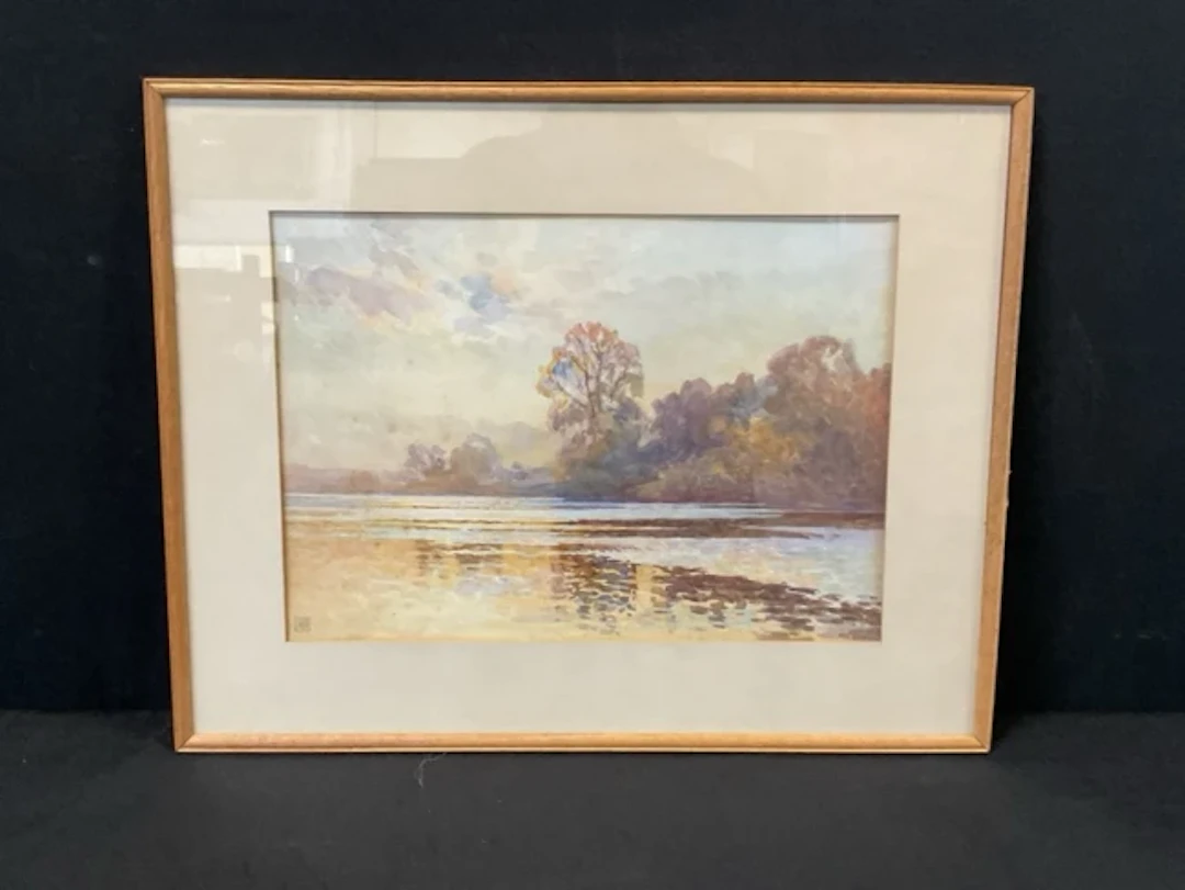 Arthur Richardson, watercolour, river landscape at dusk with trees