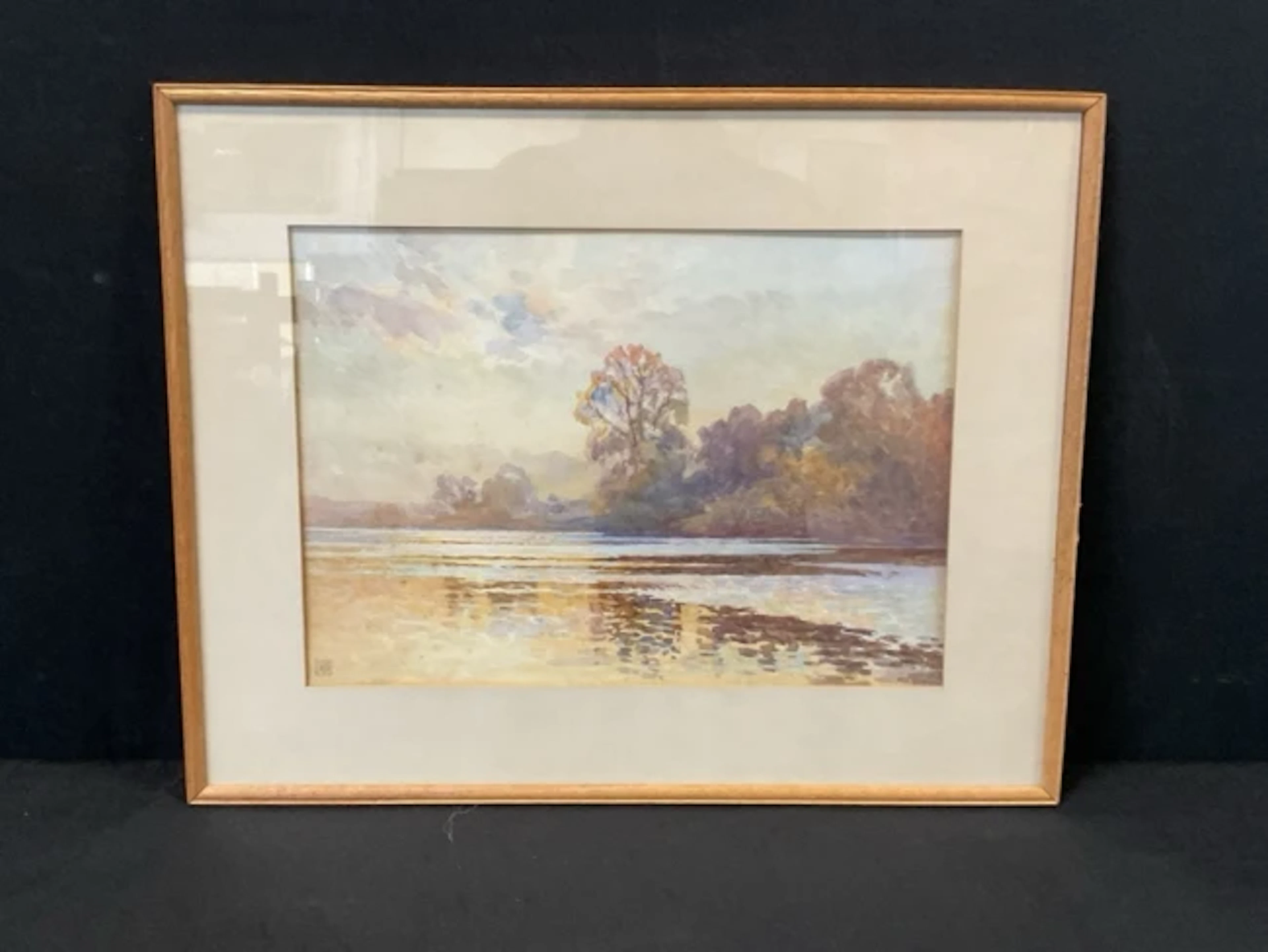 Arthur Richardson, watercolour, river landscape at dusk with trees
