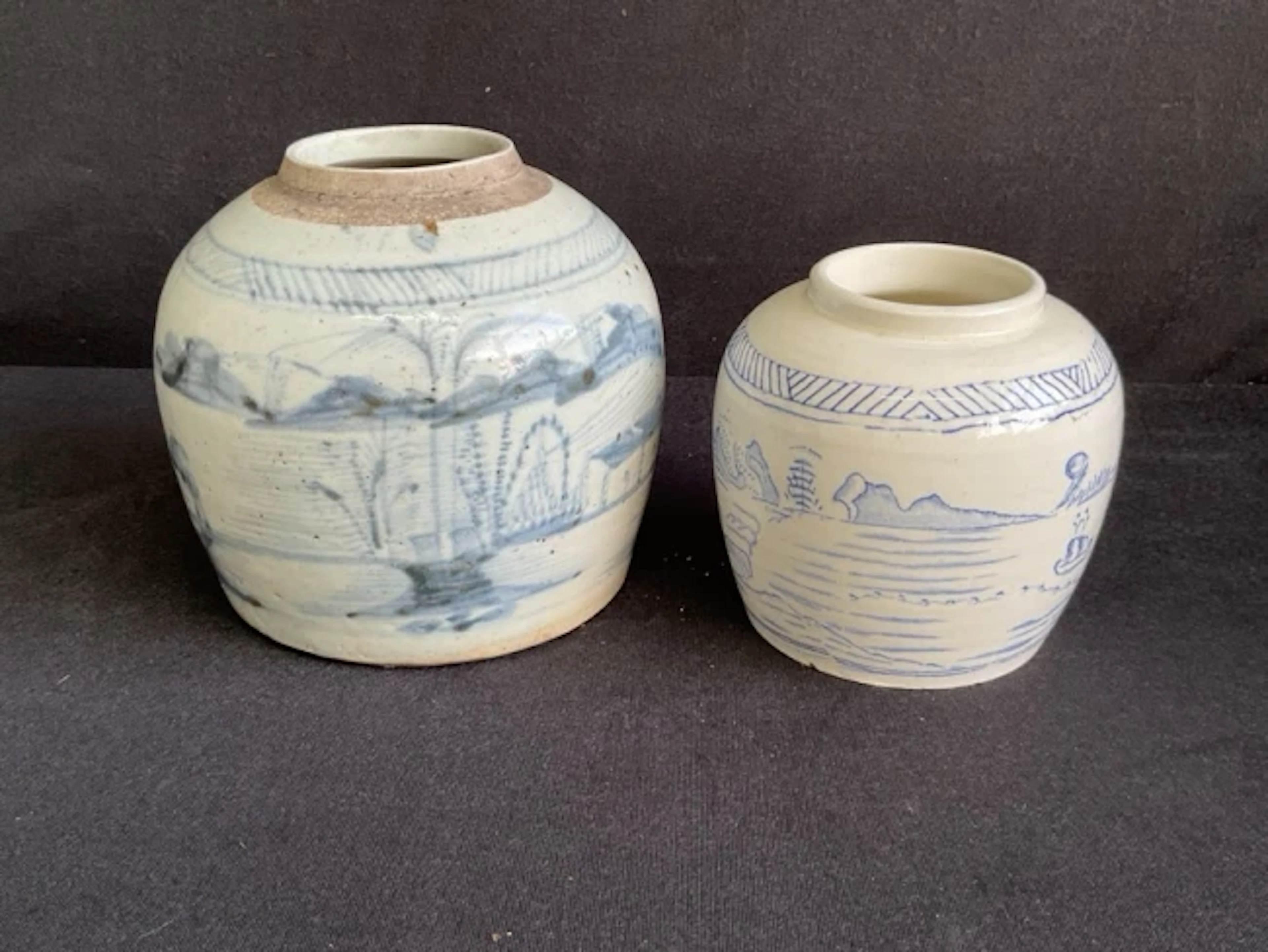 A C19th Chinese blue and white stoneware ginger jar handpainted with