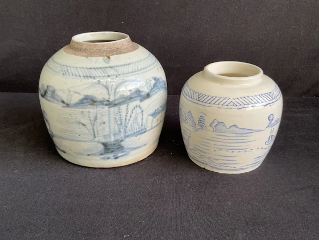 A C19th Chinese blue and white stoneware ginger jar handpainted with