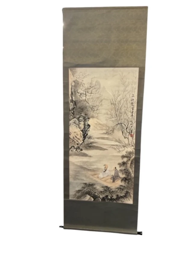 Zhu Chengzhong, watercolour & ink, a scroll painting depicting scholars
