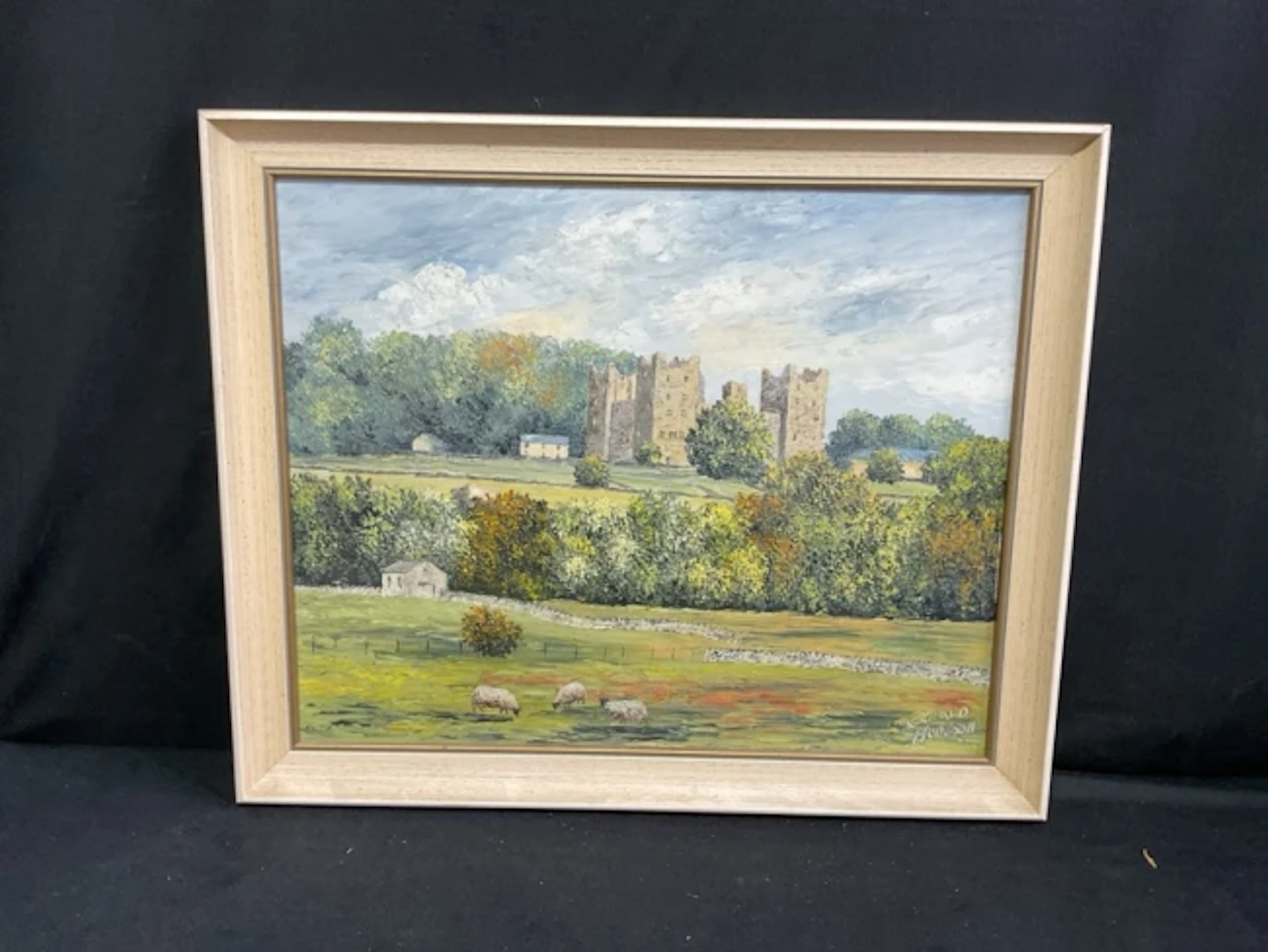 Gerald Hodgson, oil on board, landscape with ruined castle, titled