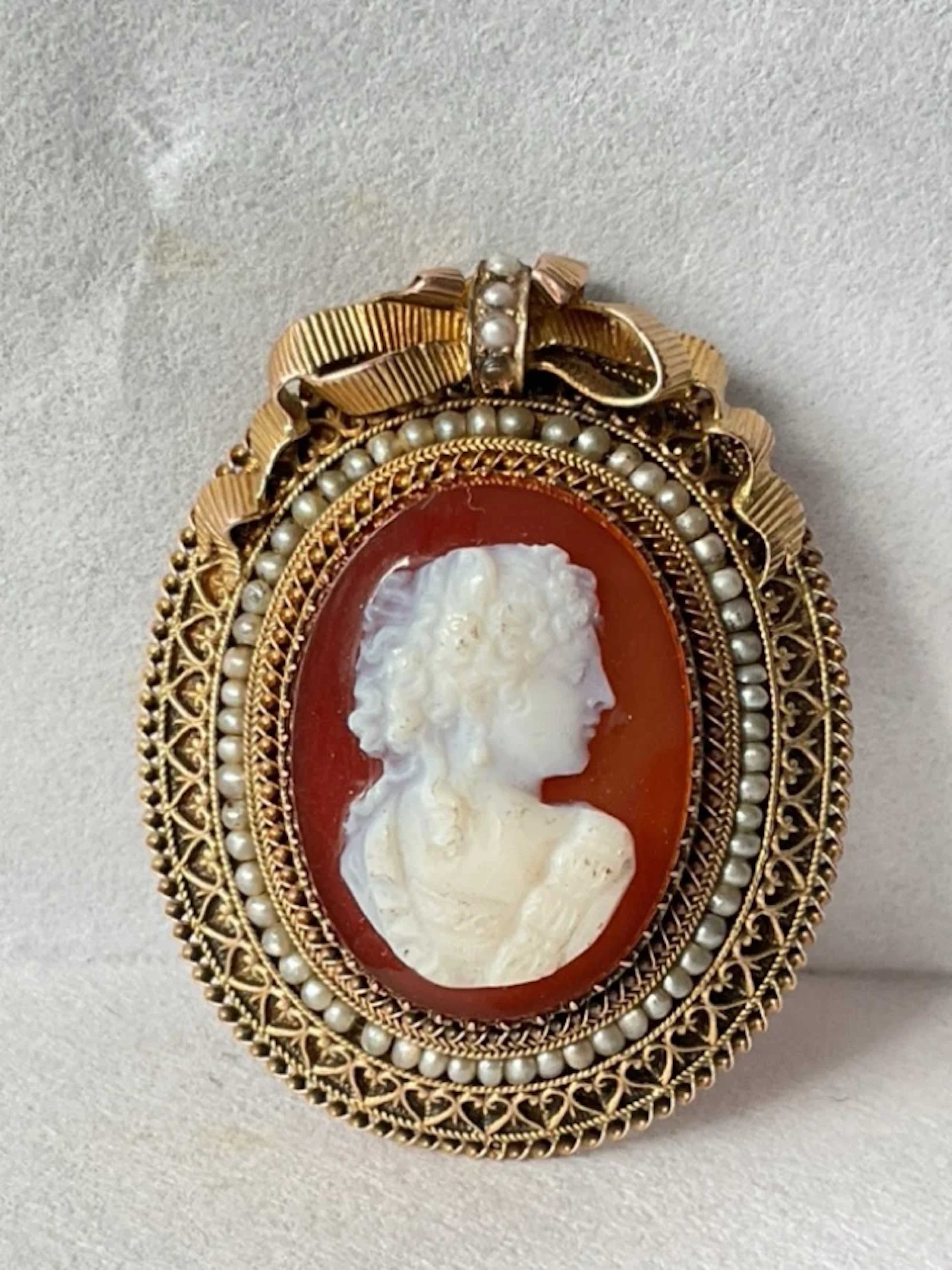 A Victorian hardstone cameo pendant brooch of a classical woman in
