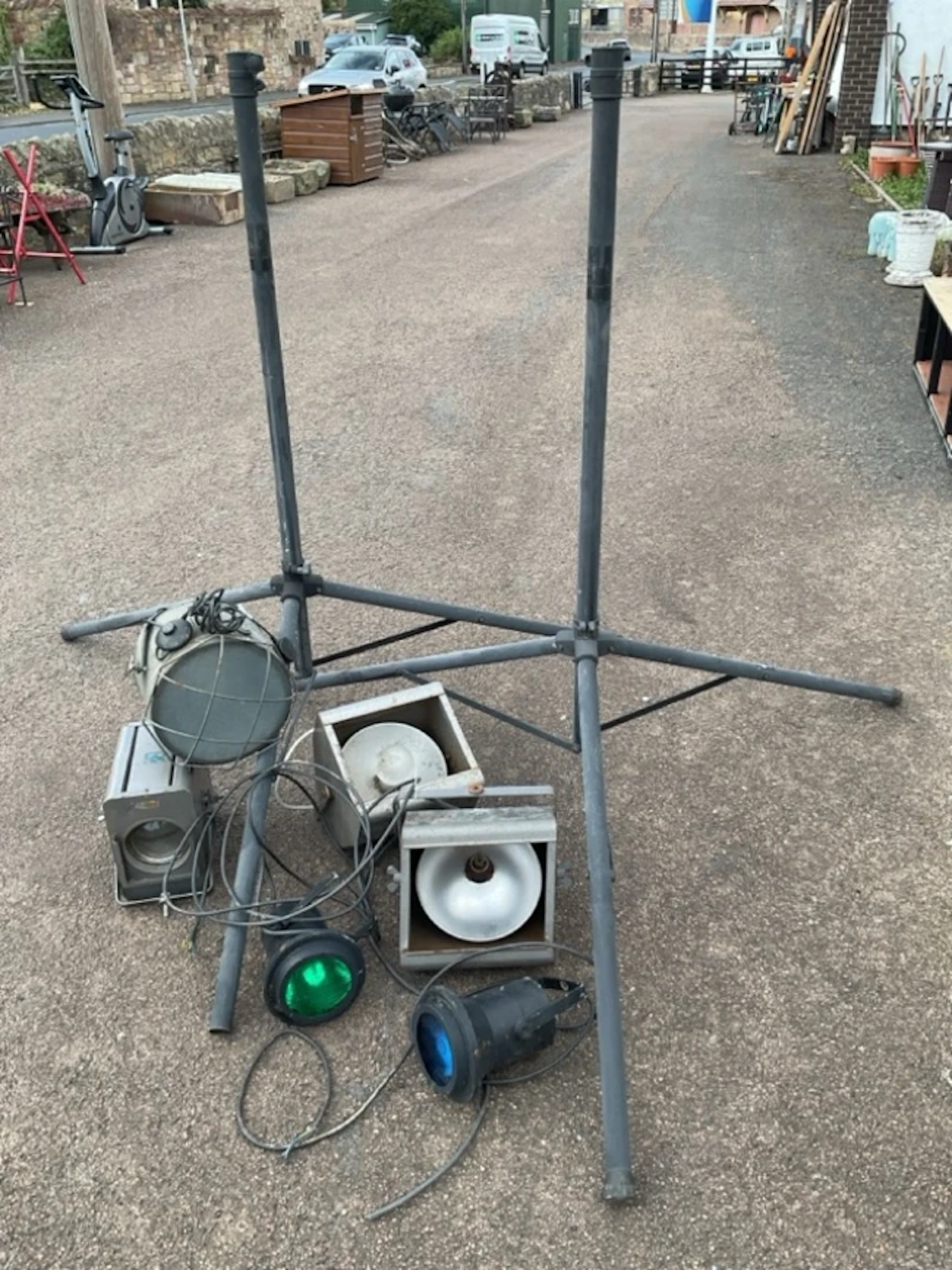 A pair of telescopic folding tripod stands; together with six miscellaneous