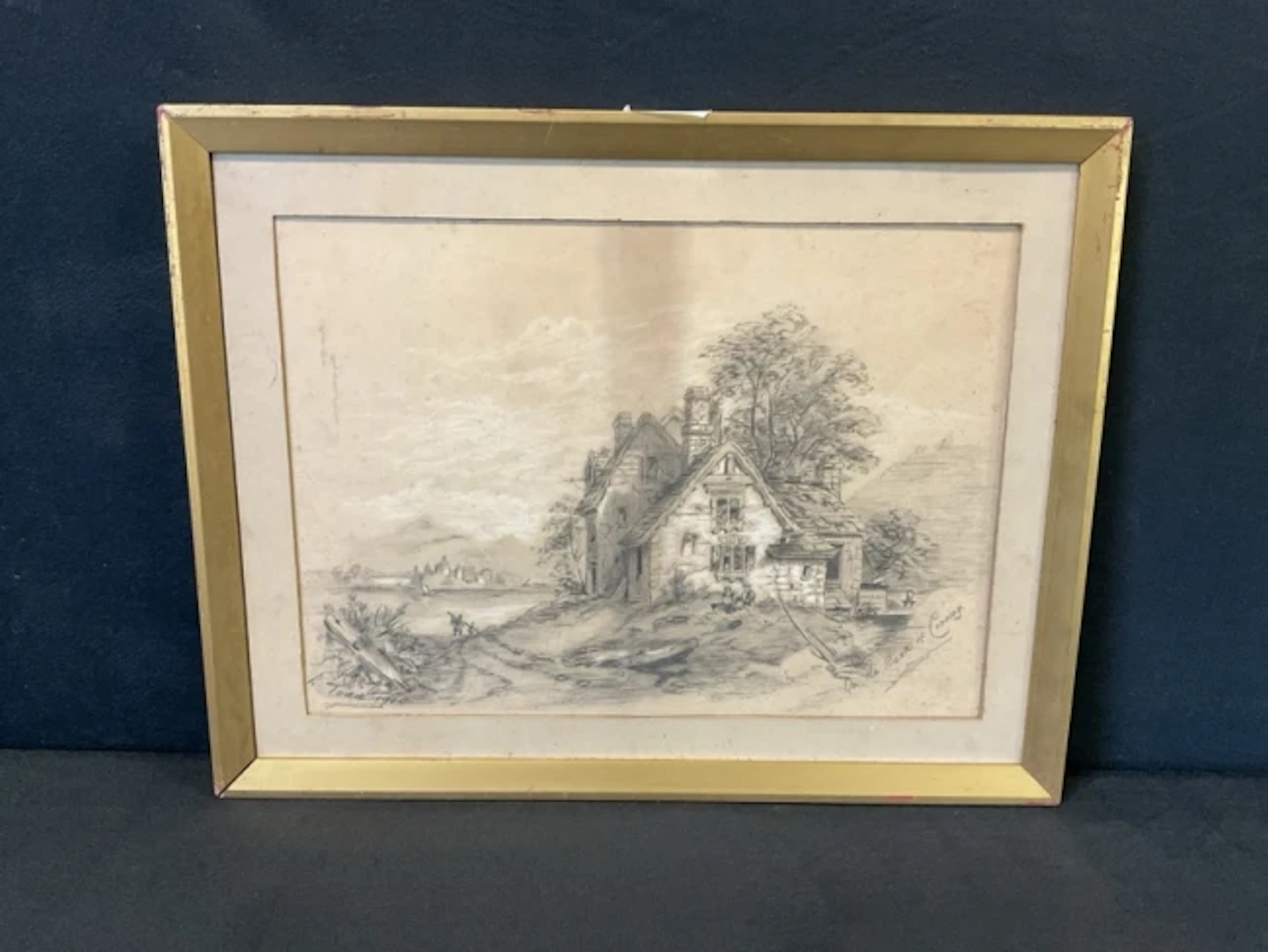 L Todd, charcoal and chalk, a cottage by an estuary with Conwy Castle