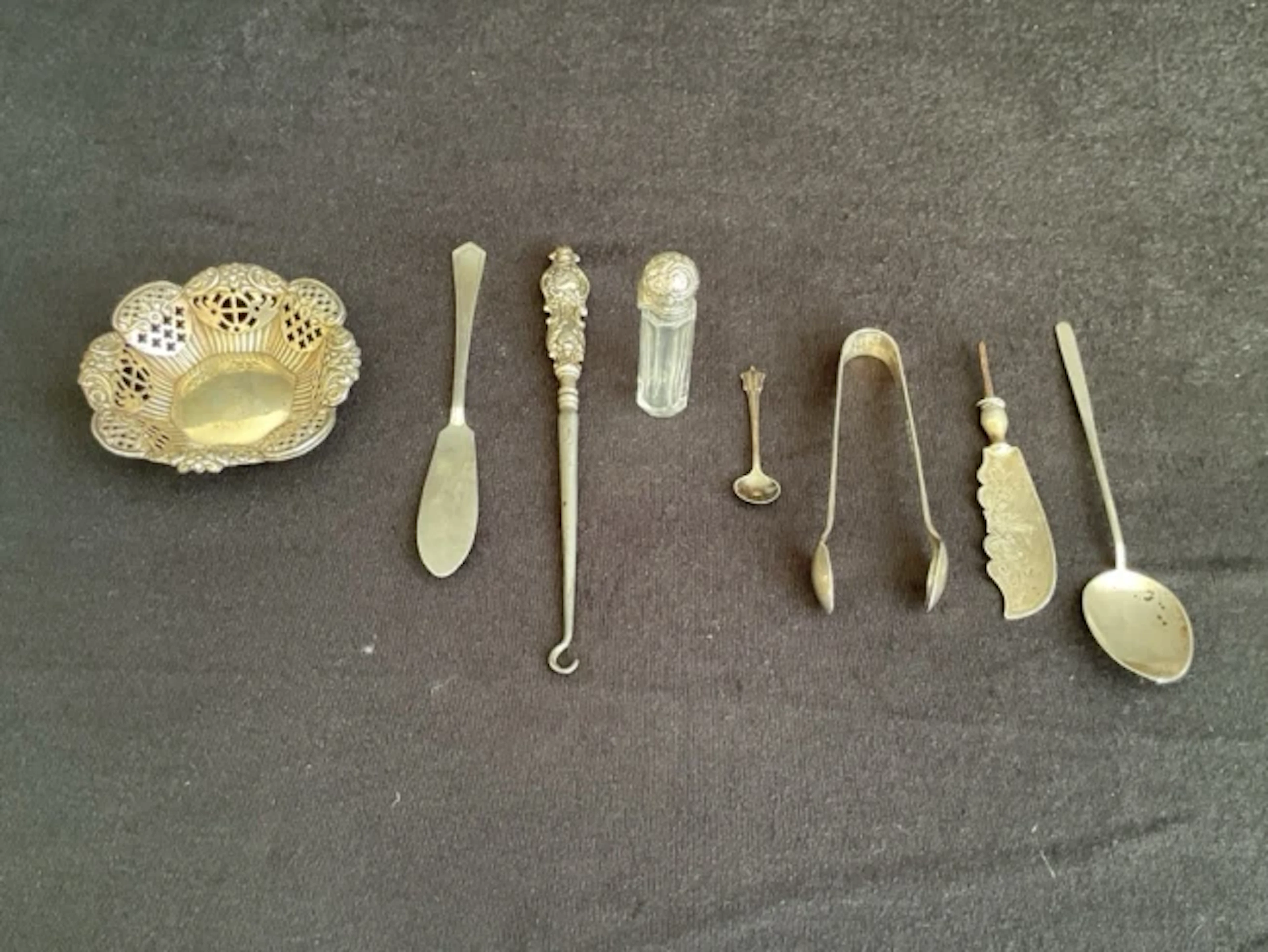 Birmingham hallmarked silver - pierced pin dish & butter knife - 1886