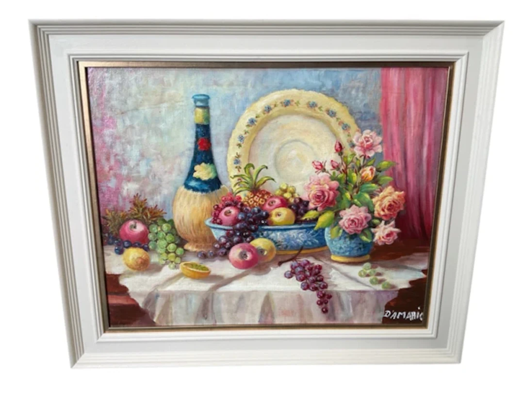 John Damari, oil on board, still life study of fruit and flowers by