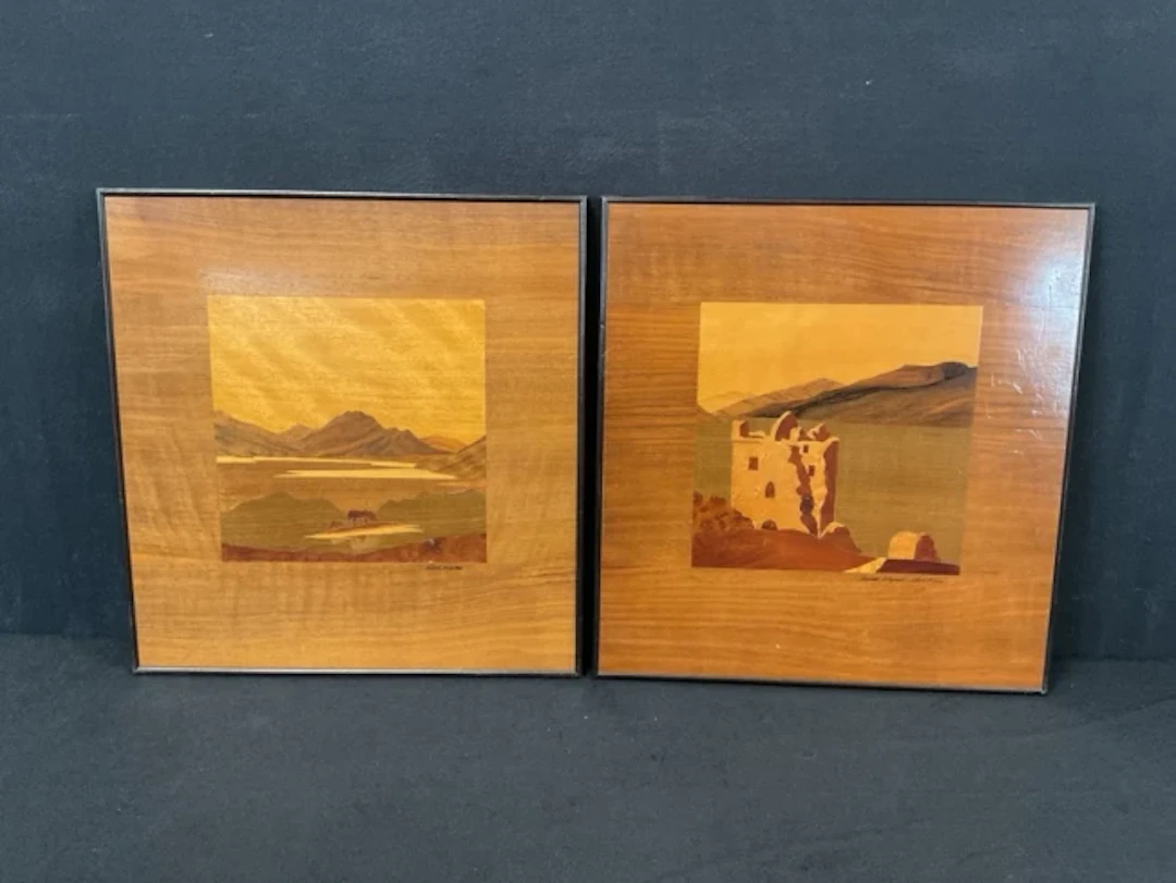 A pair of marquetry panels, Scottish landscapes, titled Loch Maree