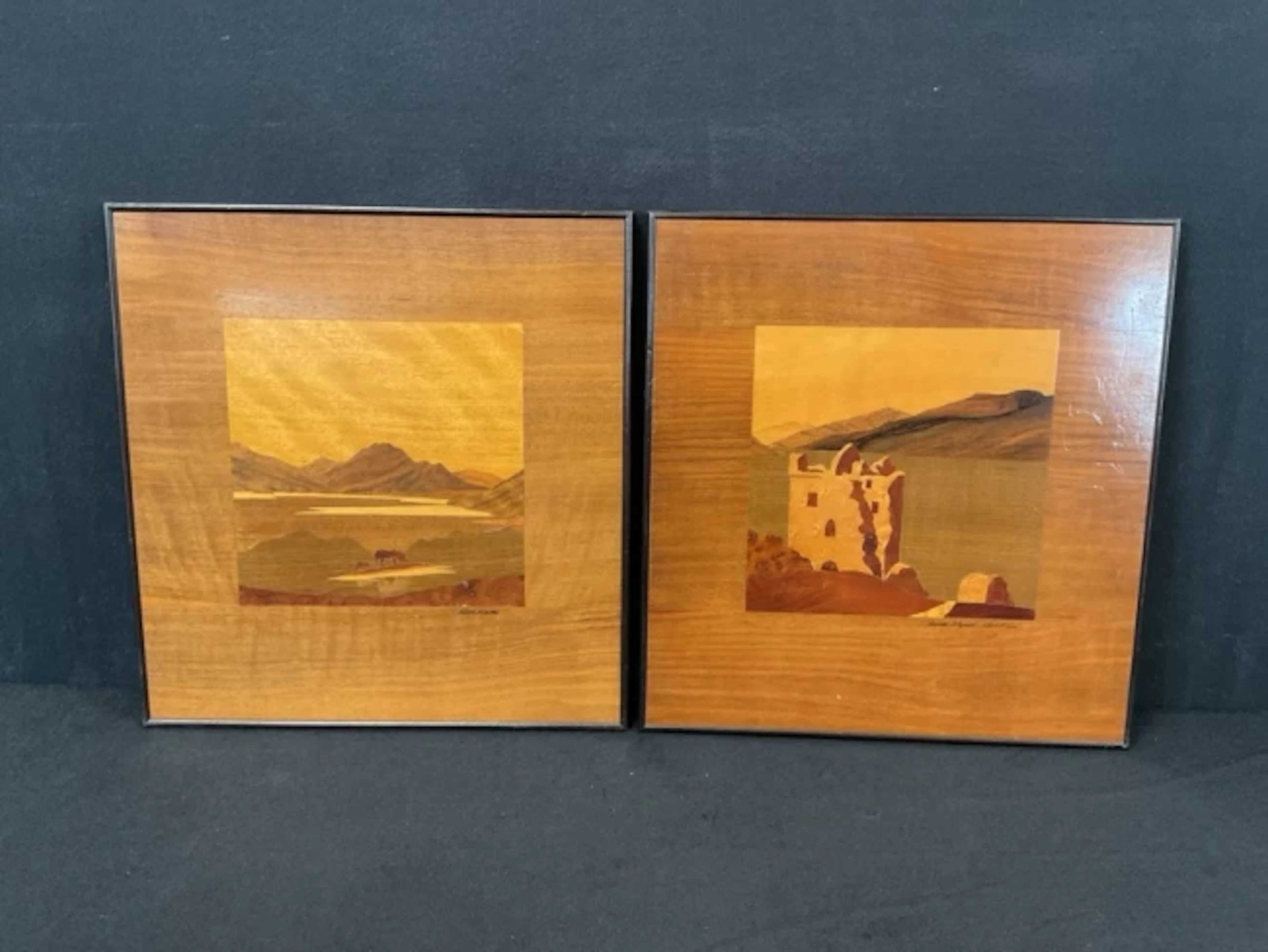 A pair of Scottish landscape marquetry panels titled Loch Maree and