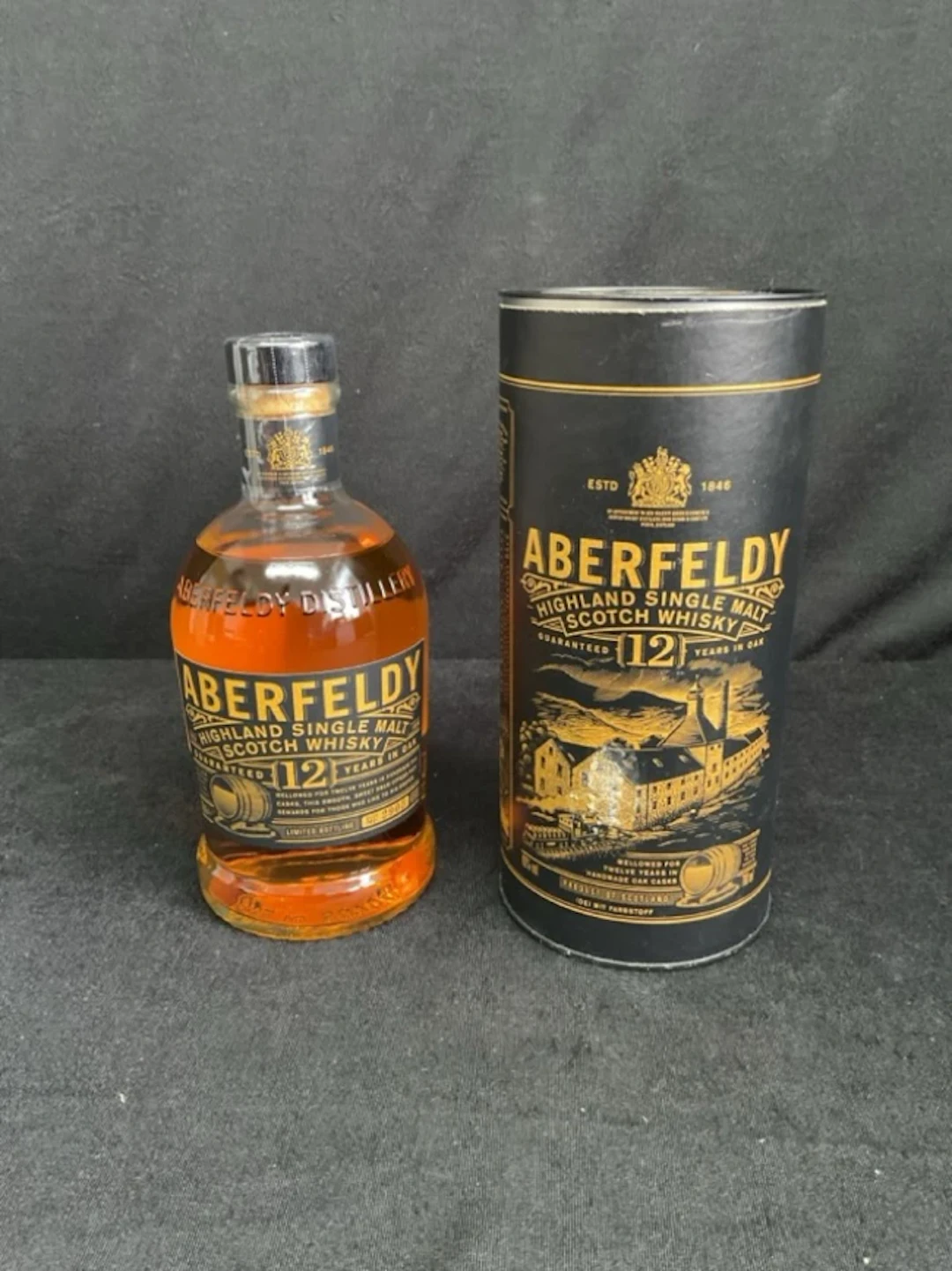 A bottle of Aberfeldy single malt whisky, the 12 year oak casked aged