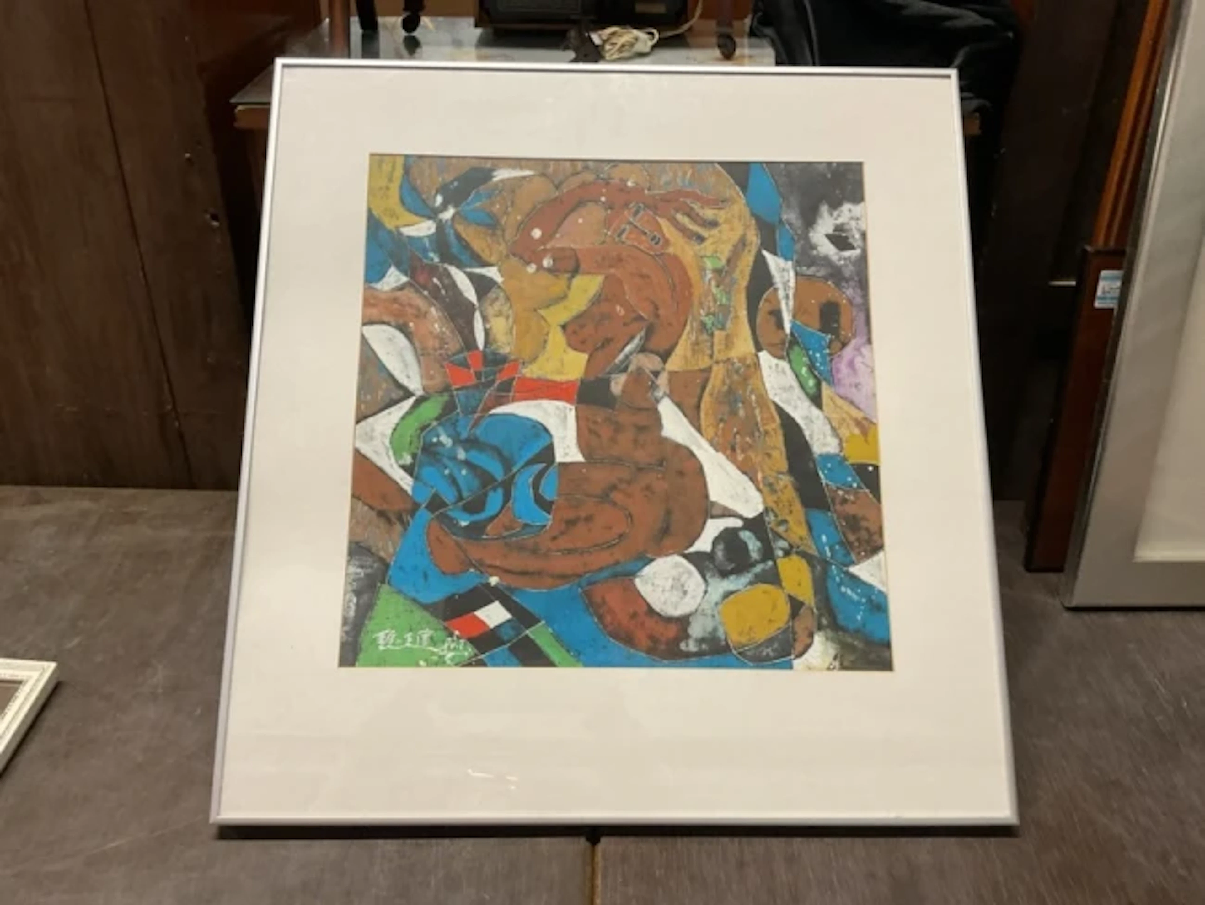Gouache, cubist style kneeling female nude with a potted flower viewed