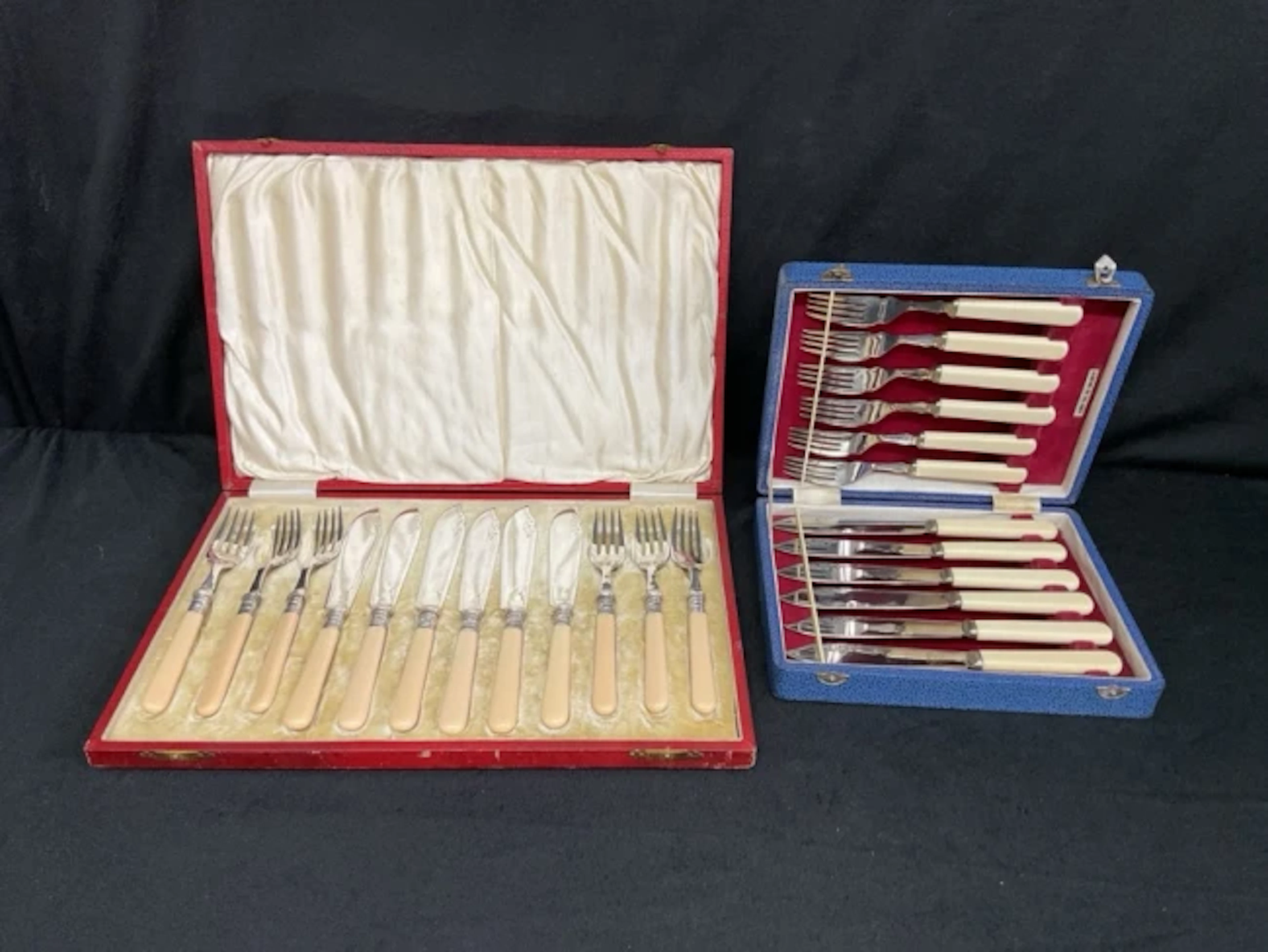 A leather cased set of six silver plated fish knives and forks with