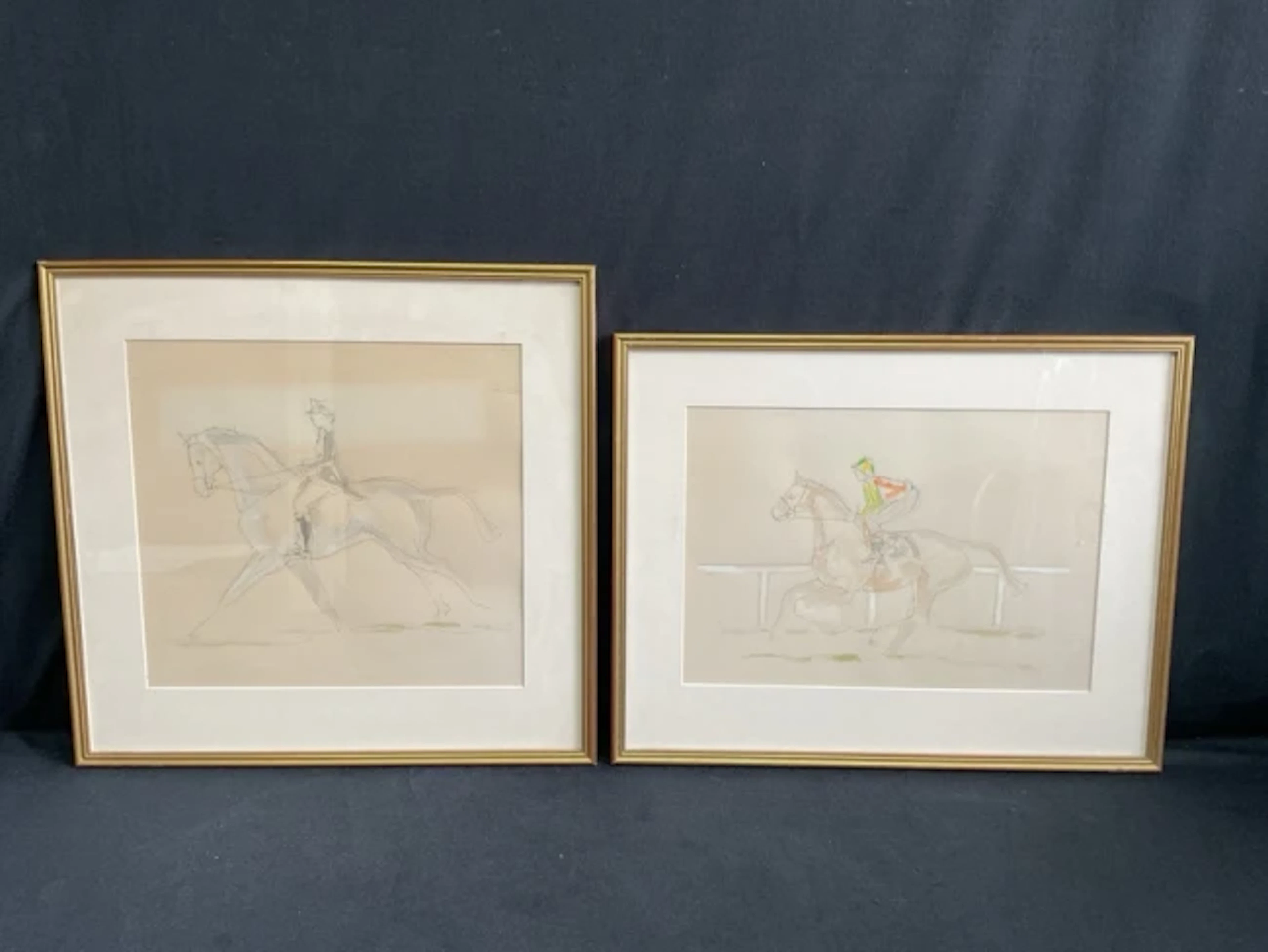 Pen & ink with watercolour wash, a pair, study of horse & jockey and