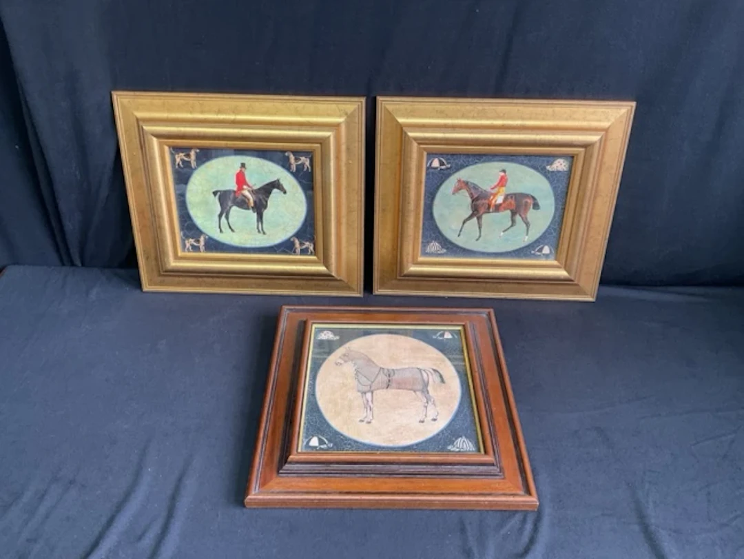 A pair of decorative prints depicting C19th a mounted jockey & huntsman