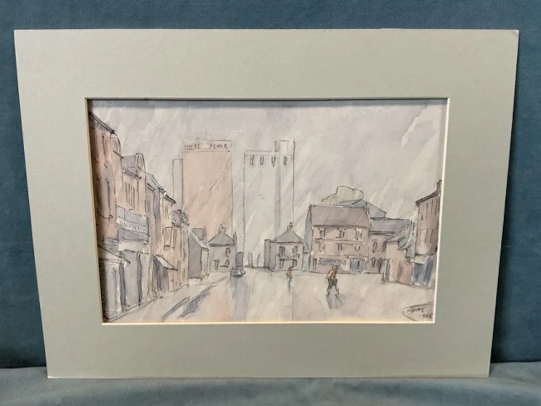 VGM, pencil & watercolour, street scene with figures in a townscape