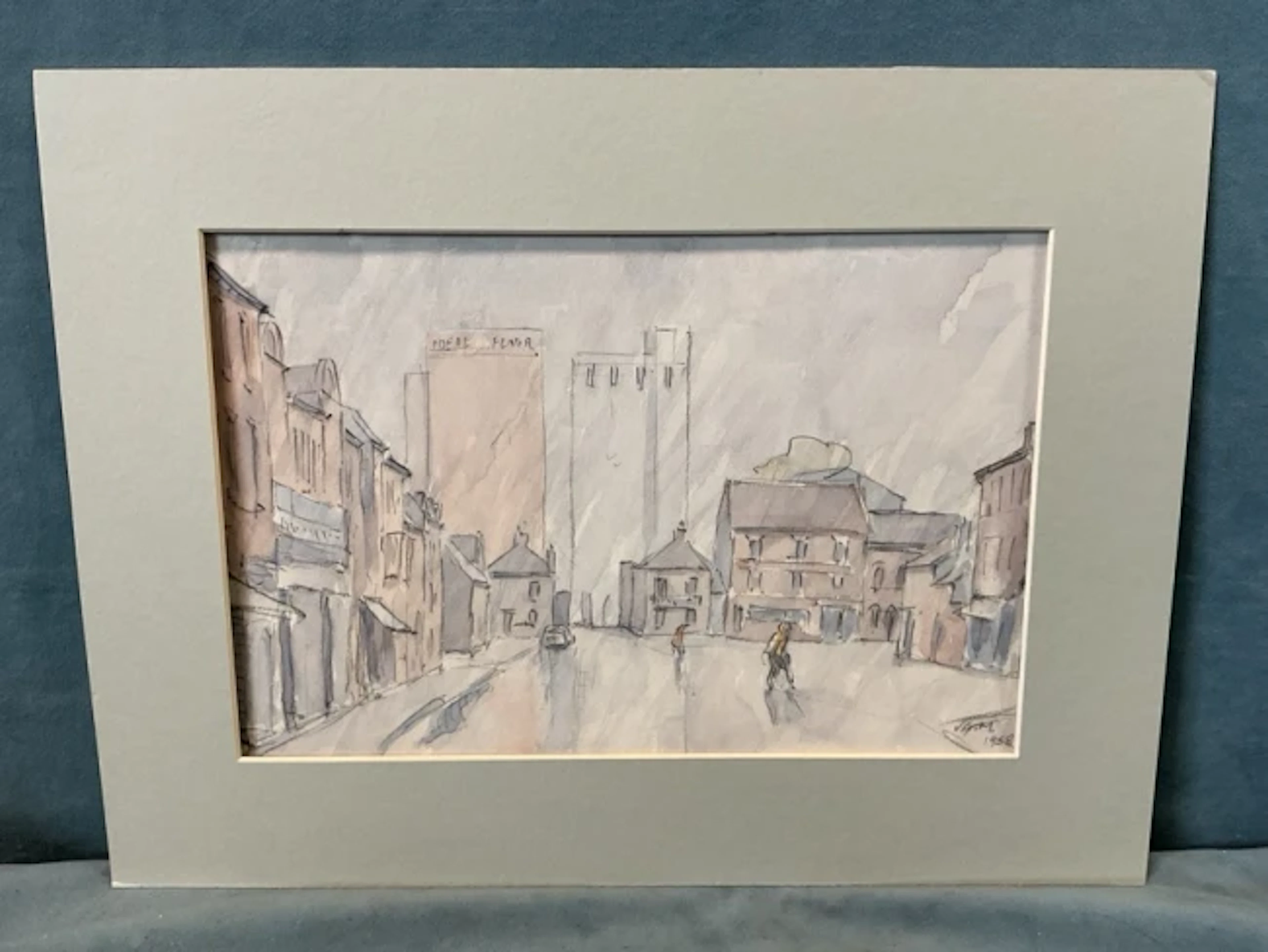 VGM, pencil & watercolour, street scene with figures in a townscape