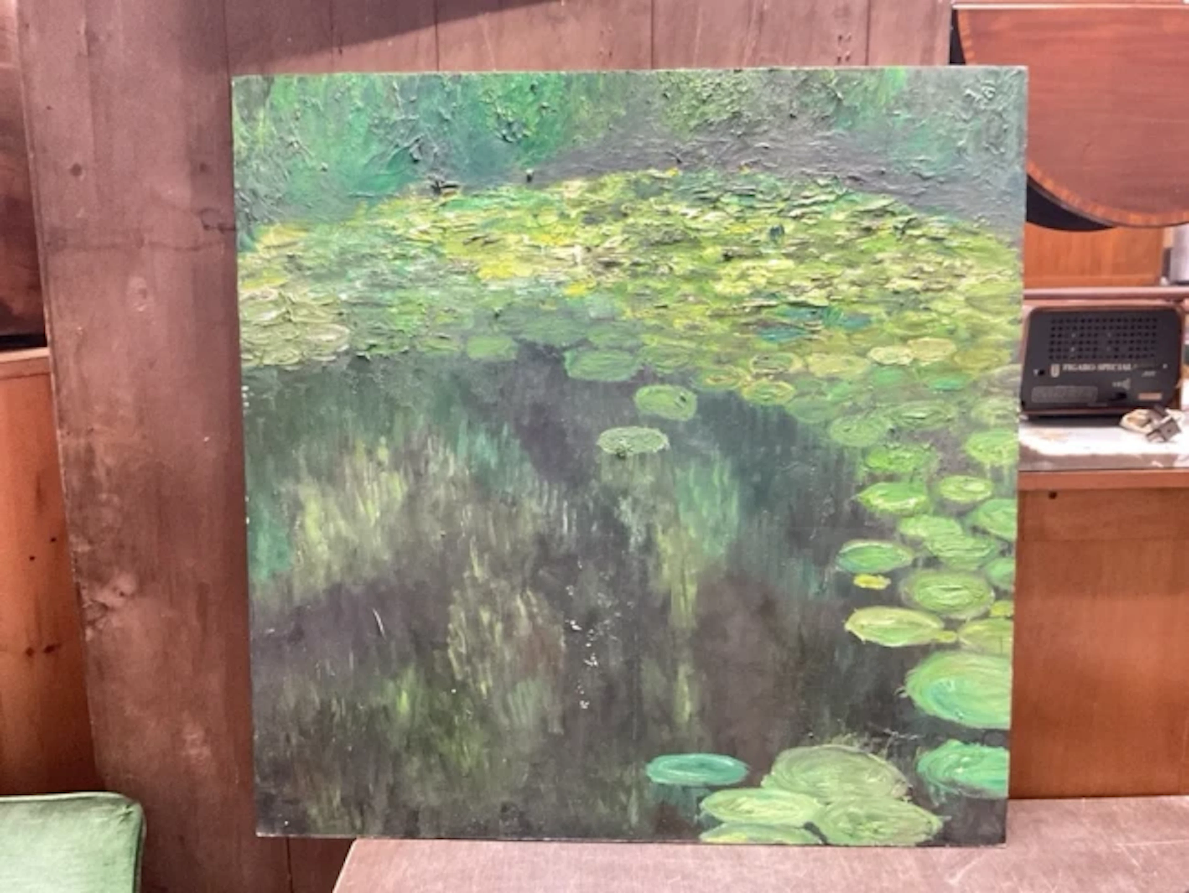 Jacqui Sture, oil on board, Monet style dark lily pond, signed to