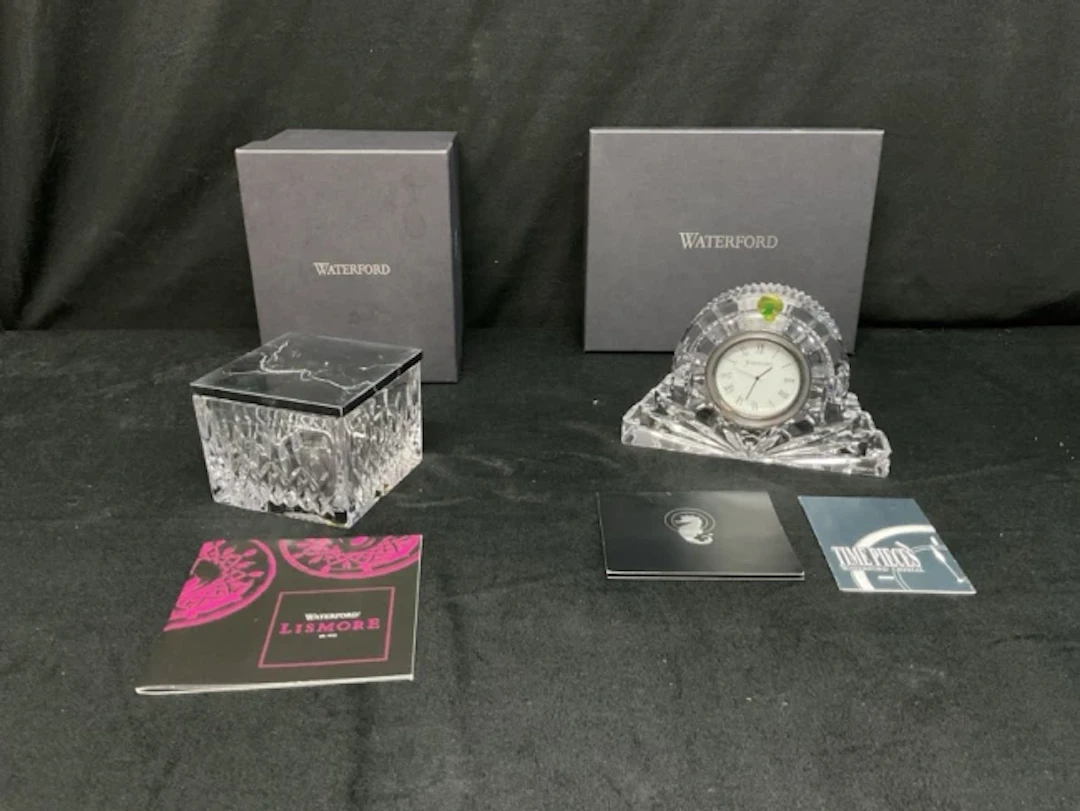 Boxed Waterford cut crystal - a square trinket box with white veined