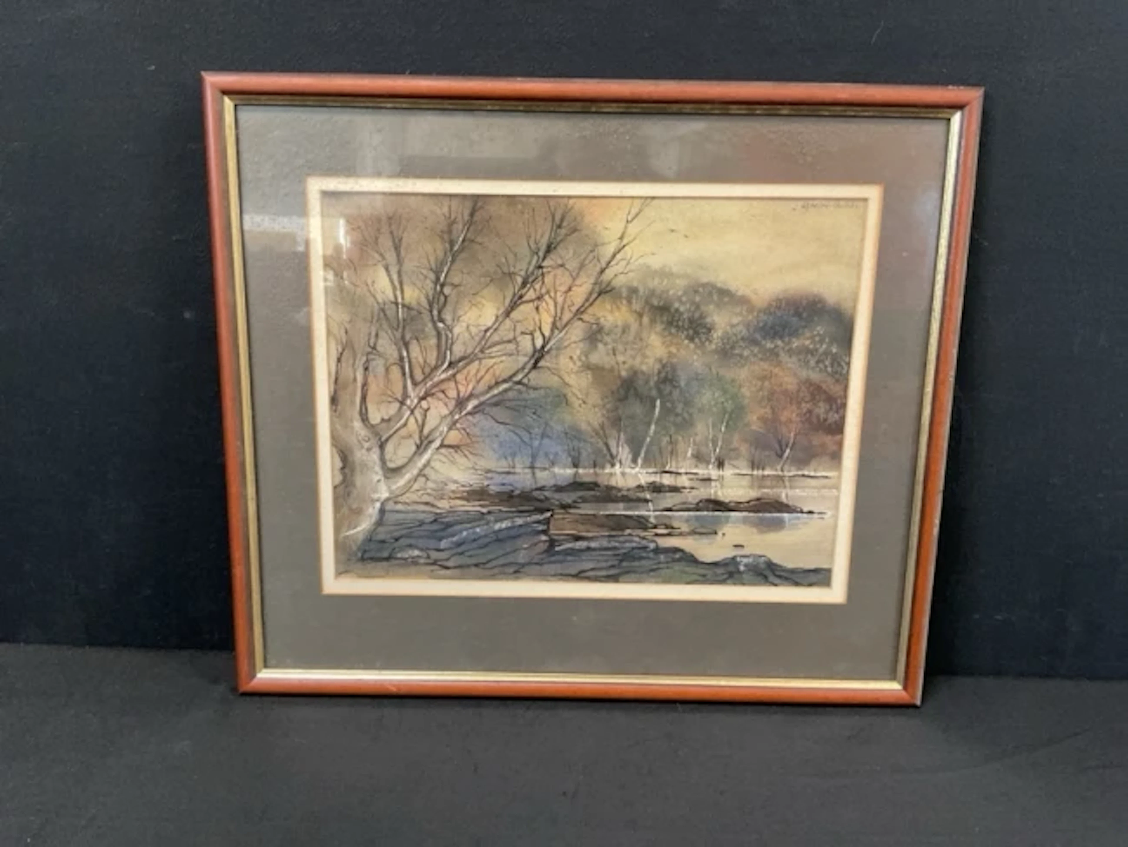 AJ Cartmel-Crossley, watercolour, a lakeside with two figures, titled