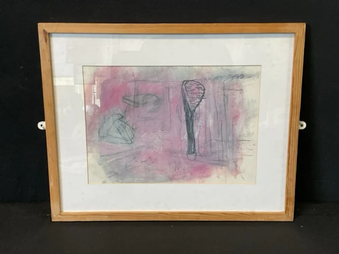 Tom Humphreys, mixed media on paper, semi-abstract with telephone