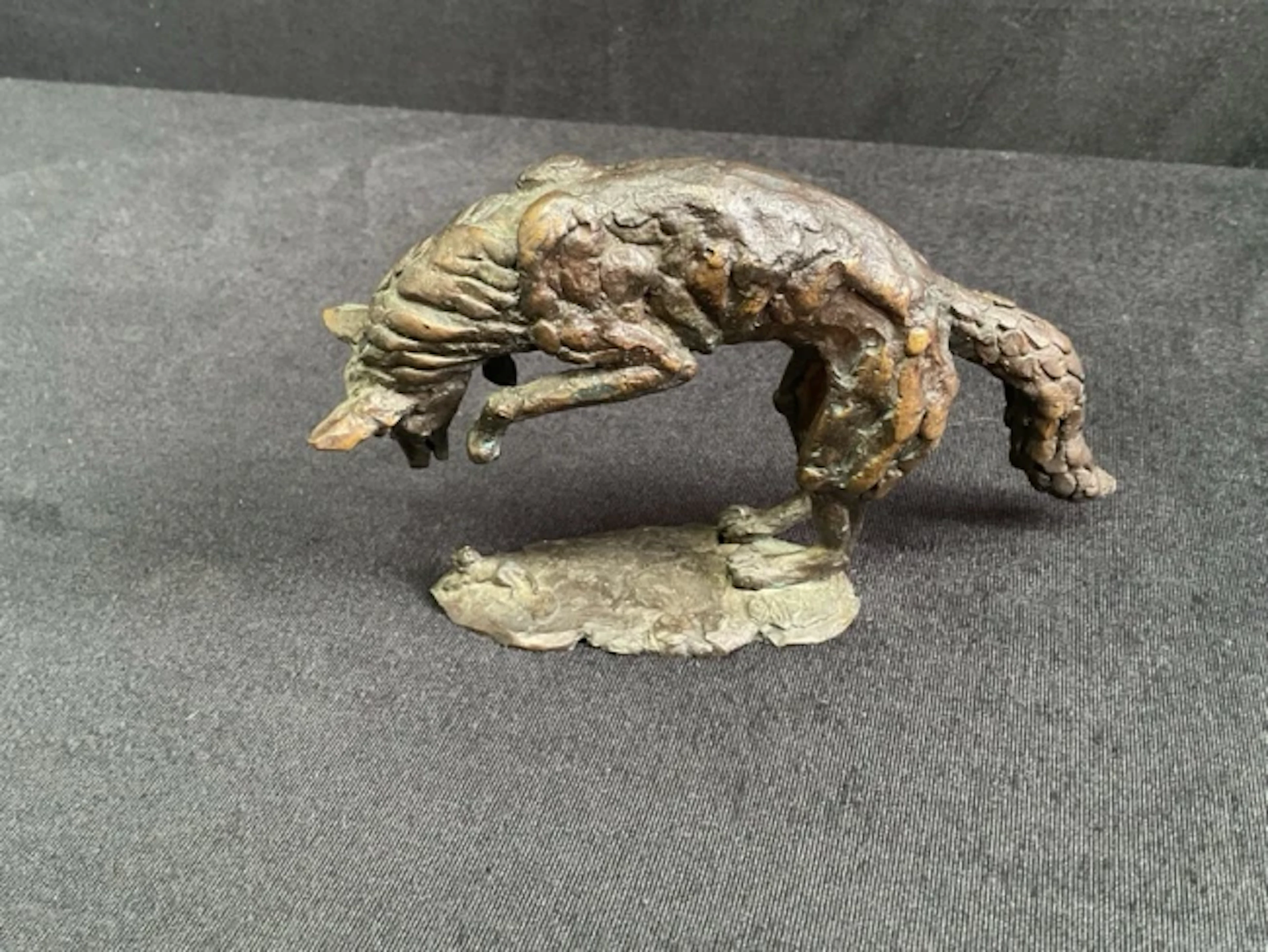 Jan Sweeney, brown patinated bronze, a fox pouncing on a rodent, titled