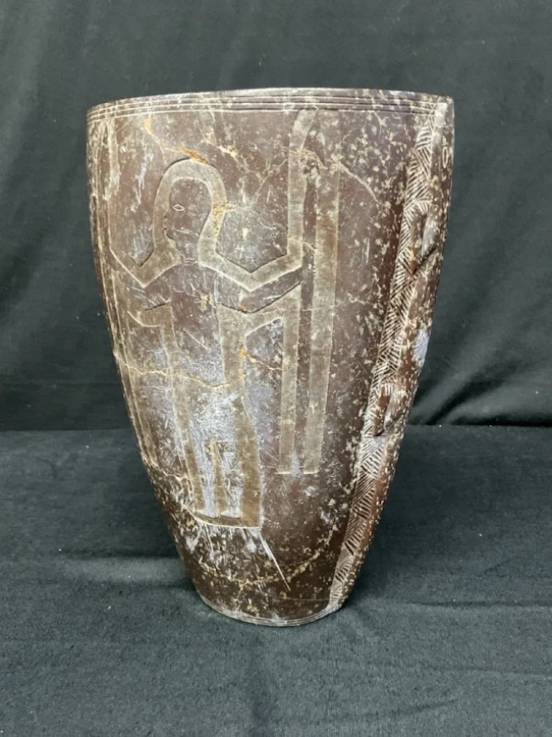 An early C20th North African soapstone vase with elliptical rim and