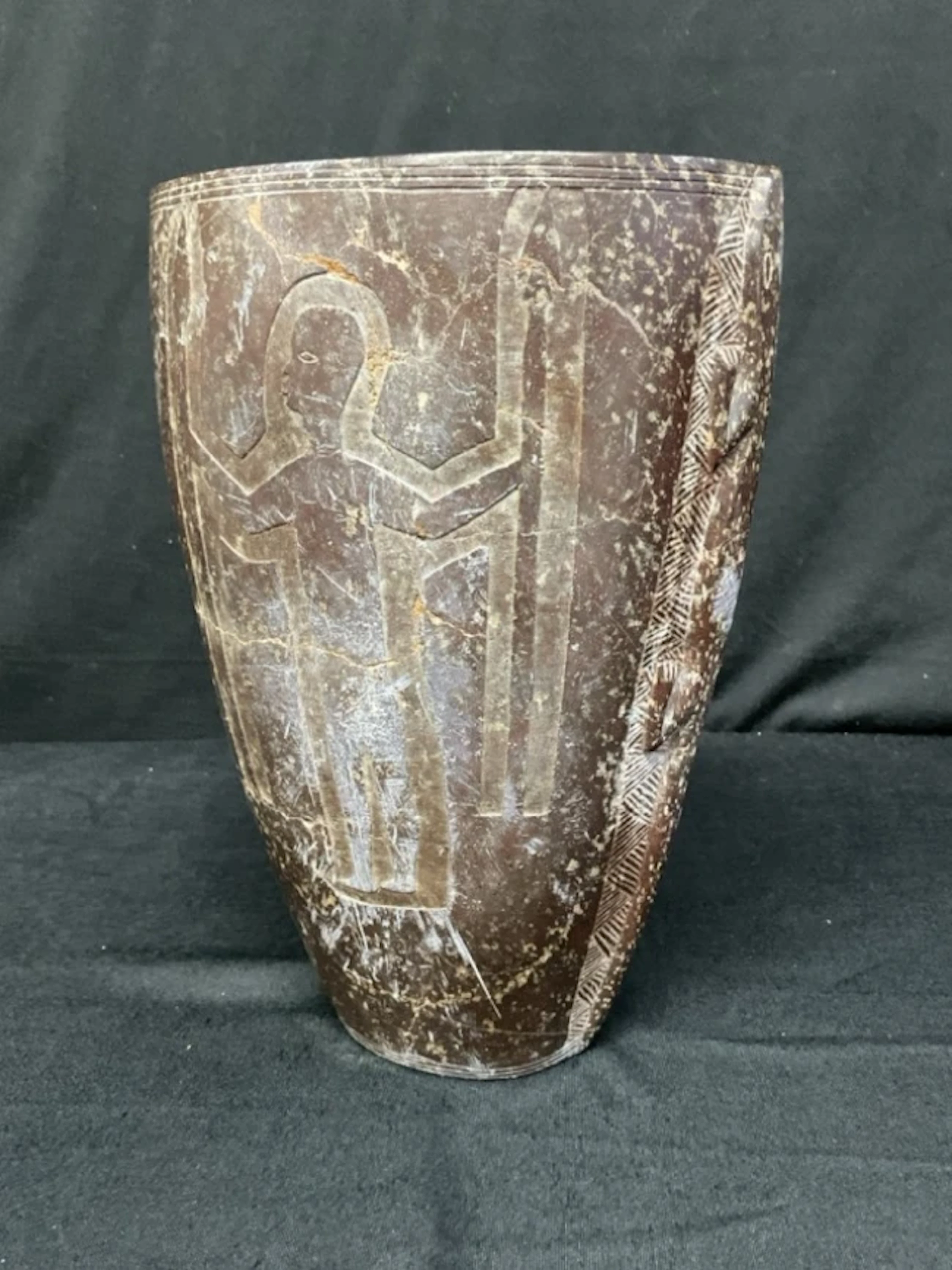 An early C20th North African soapstone vase with elliptical rim and