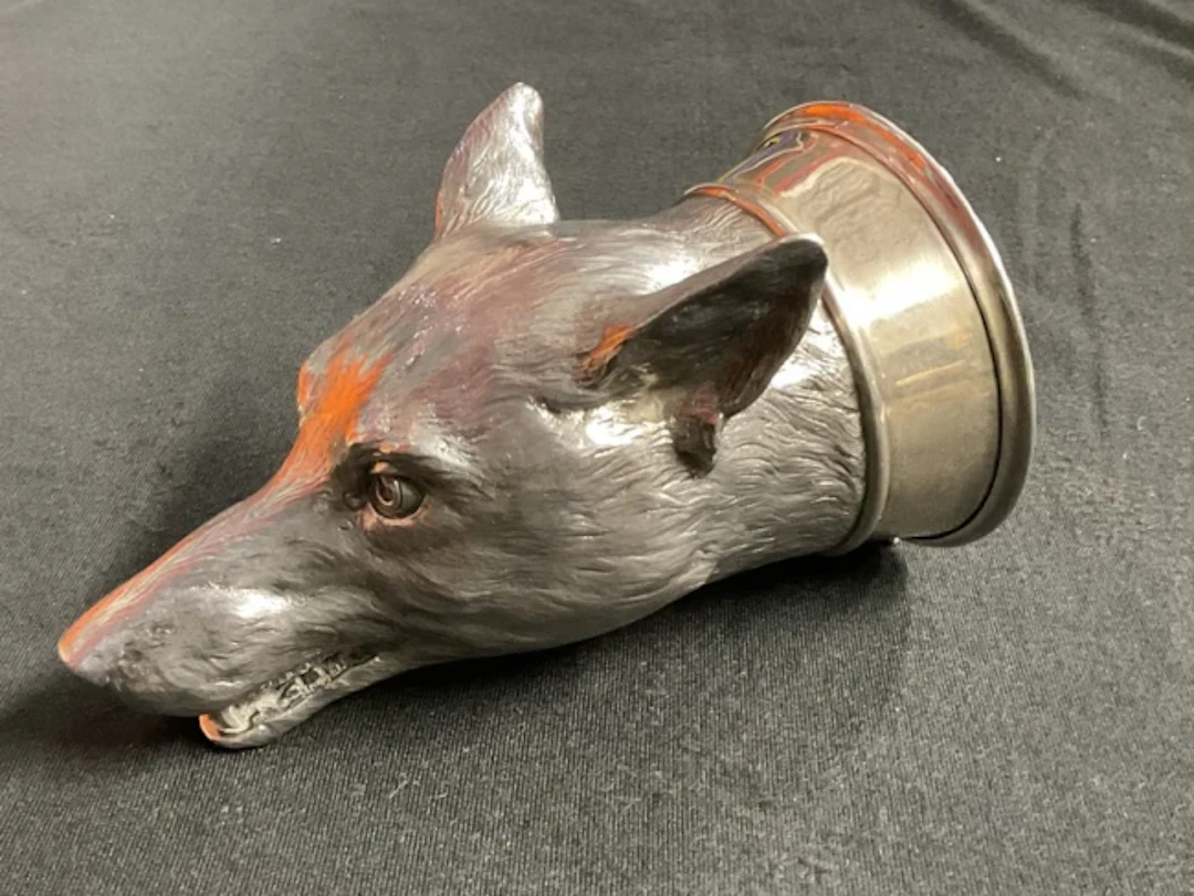 A hallmarked cast silver fox mask stirrup cup, 1959 by Asprey & Co