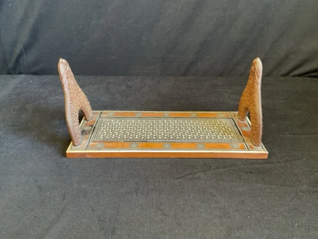 A Syrian hardwood Sadeli micromosaic book slide with base inlaid in