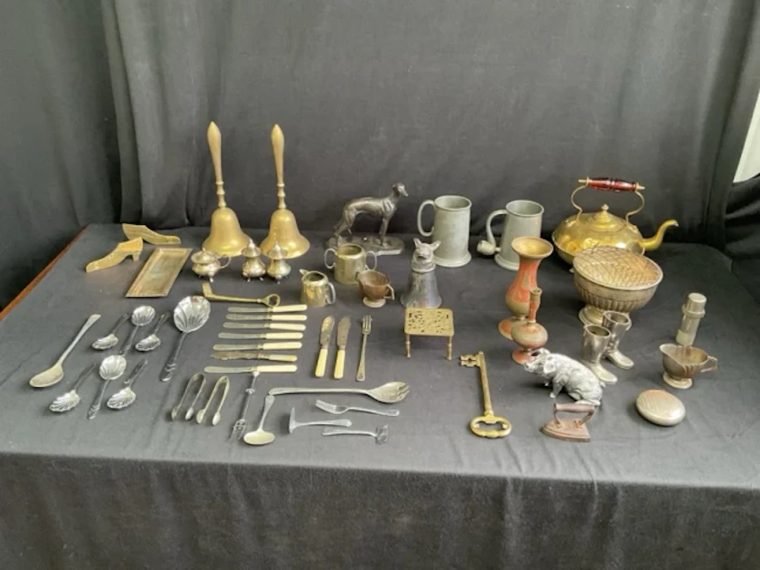 Miscellaneous brass & metal items - a pair of bells, a silver plated