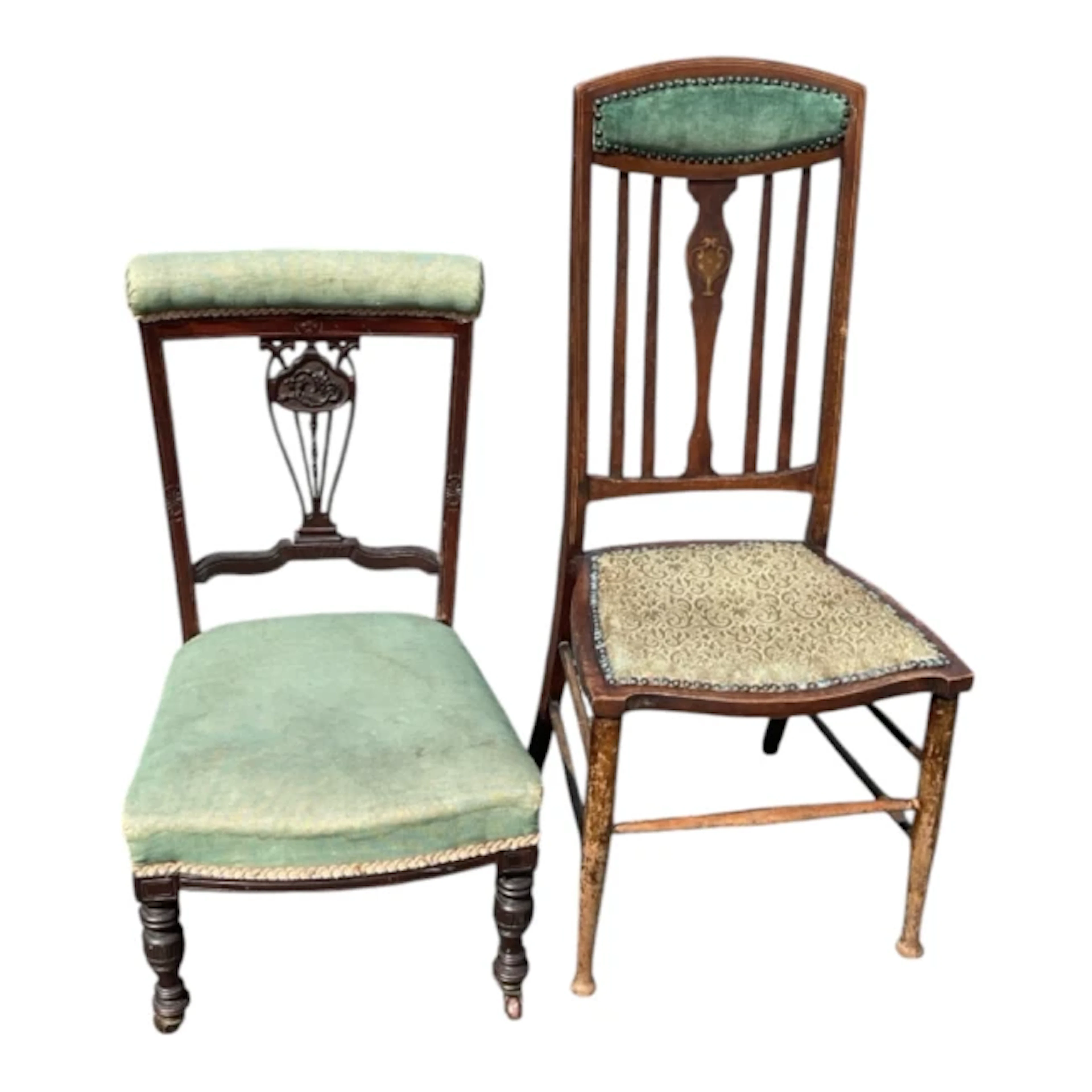 An art nouveau chair with inlaid vase to splat beneath stud upholstered