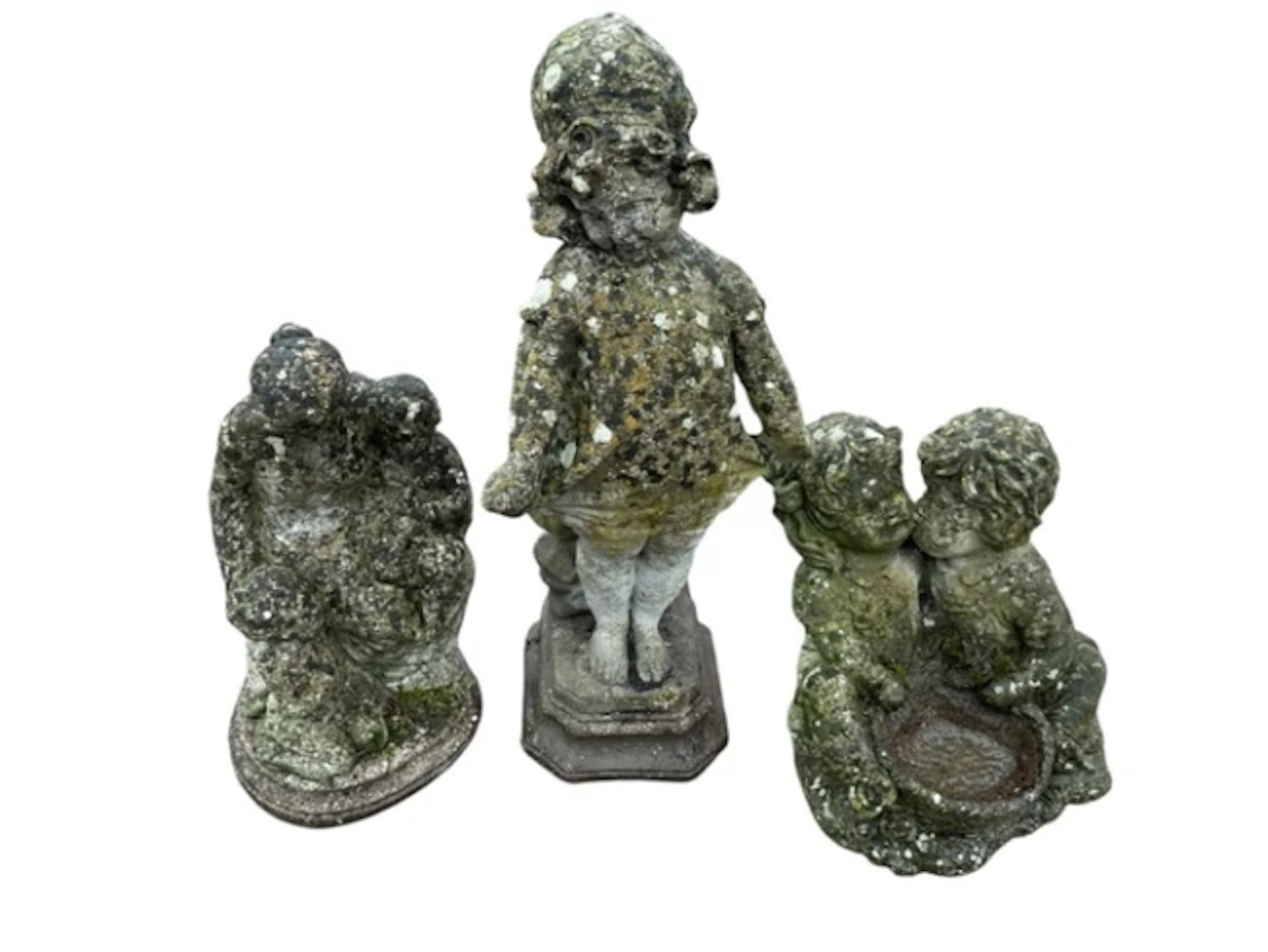 Three composition stone garden figural sculptures - a girl in frock