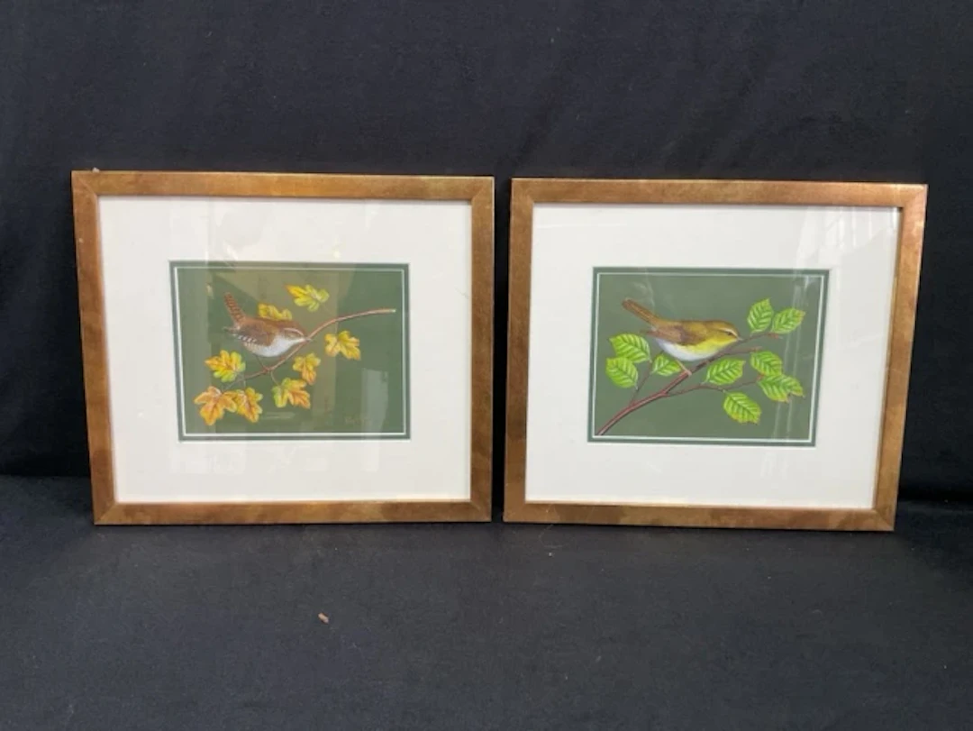Ray Styles, a pair of watercolours, a wren perched on a field maple