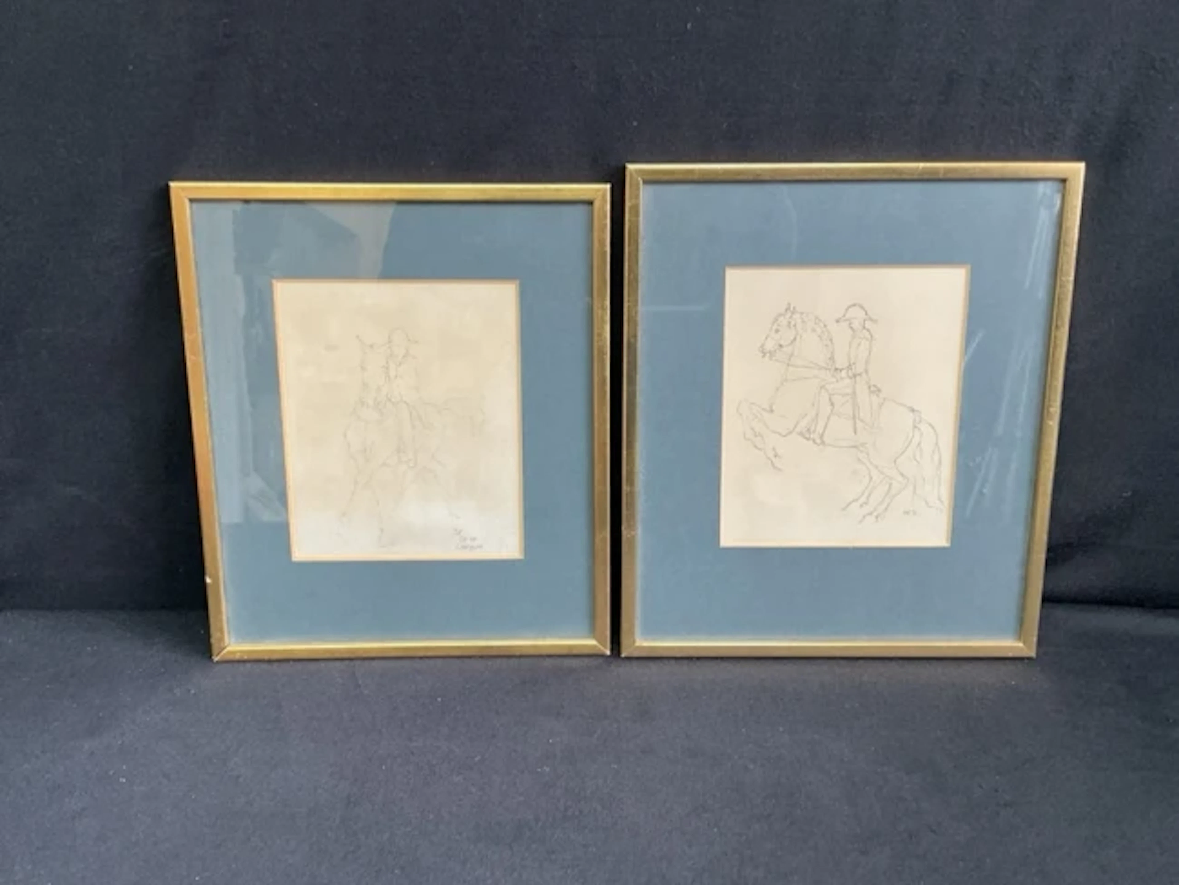 TDR, pen & ink, a pair, line drawings of mounted Lipizzaners, signed