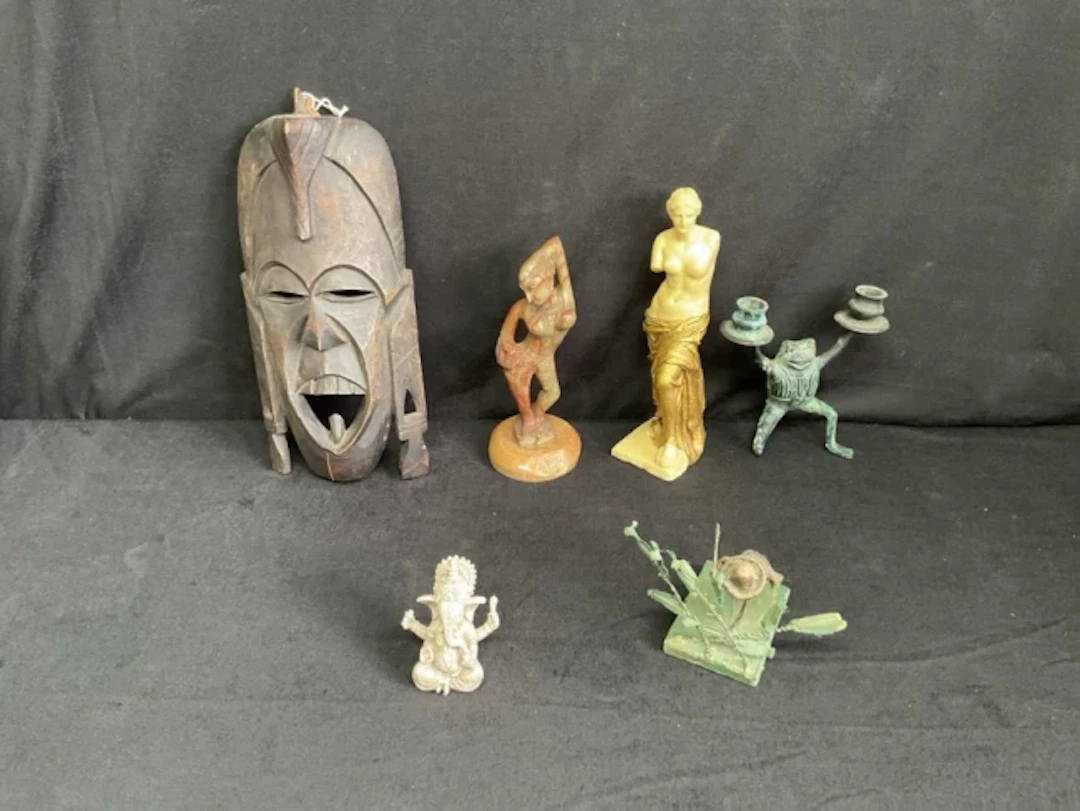 African hardwood mask, indian Aspara and Ganesh figures, a composition