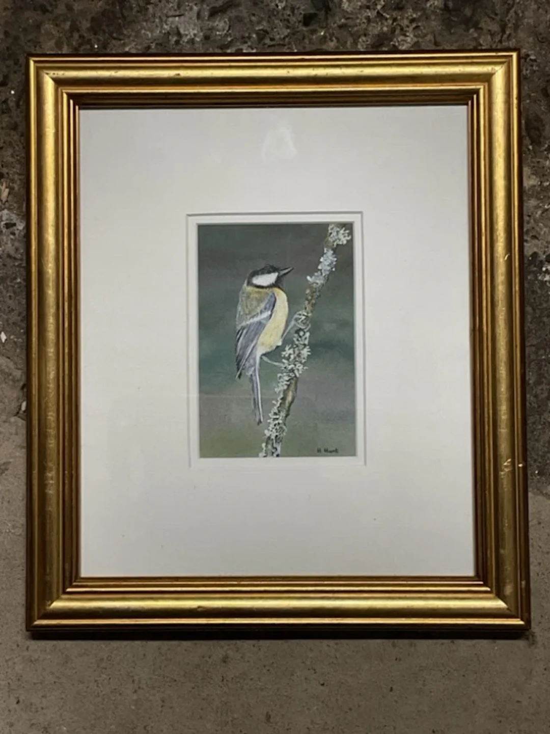H Hunt, watercolour, a great tir on a lichen covered twig, signed