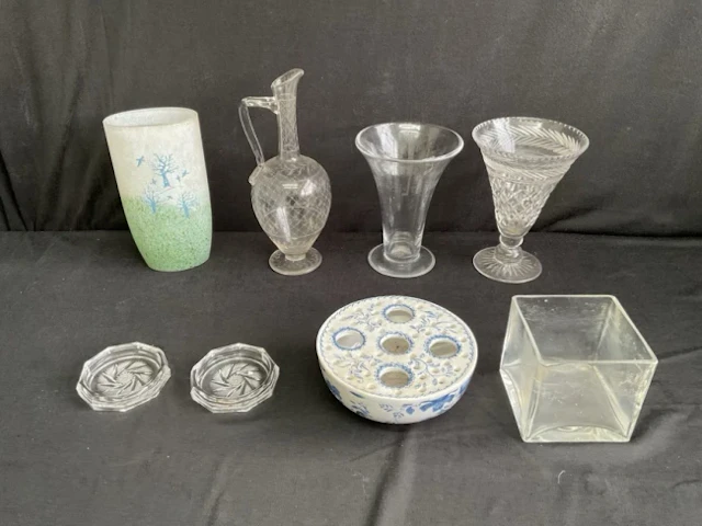 An oval art glass vase decorated with a tree landscape; a Victorian
