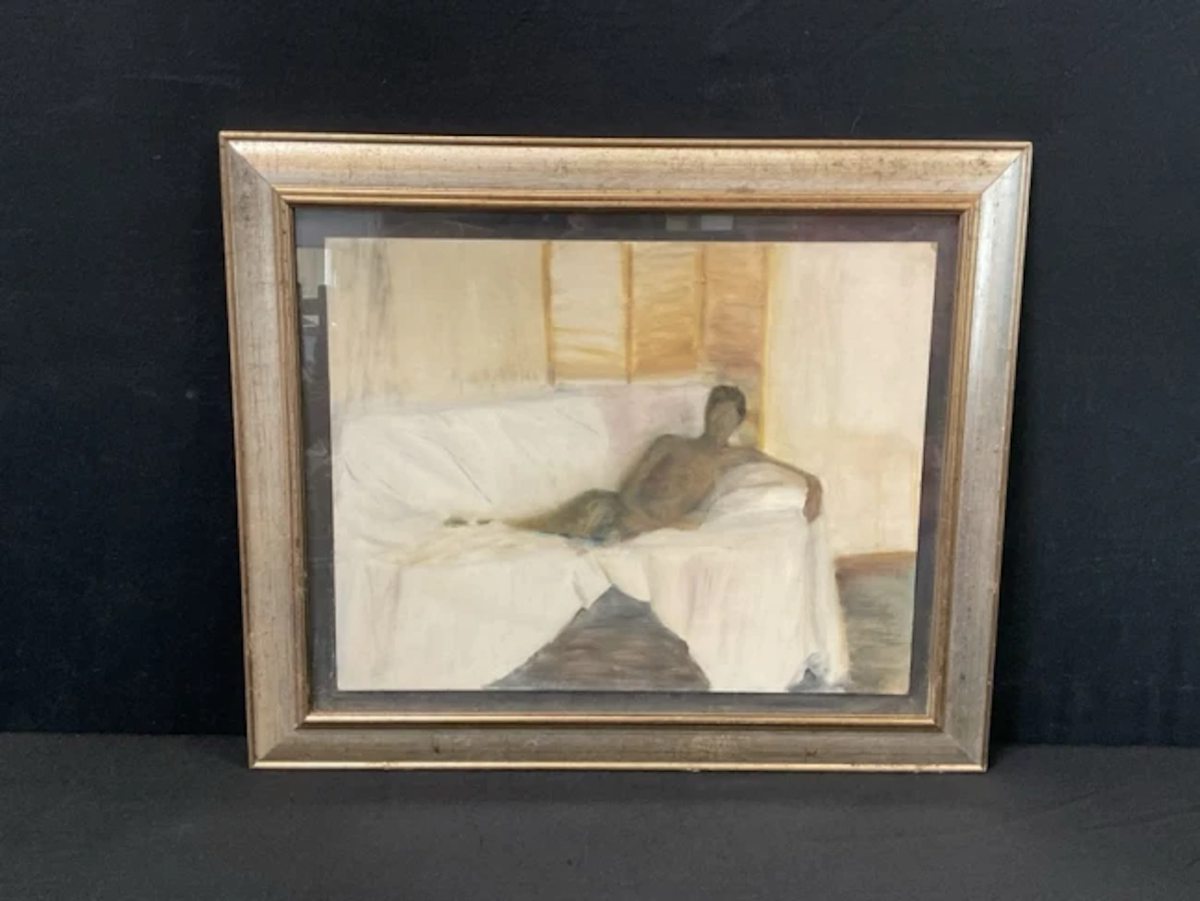 Oil on board, reclining nude in the studio, unsigned, mounted & framed.
