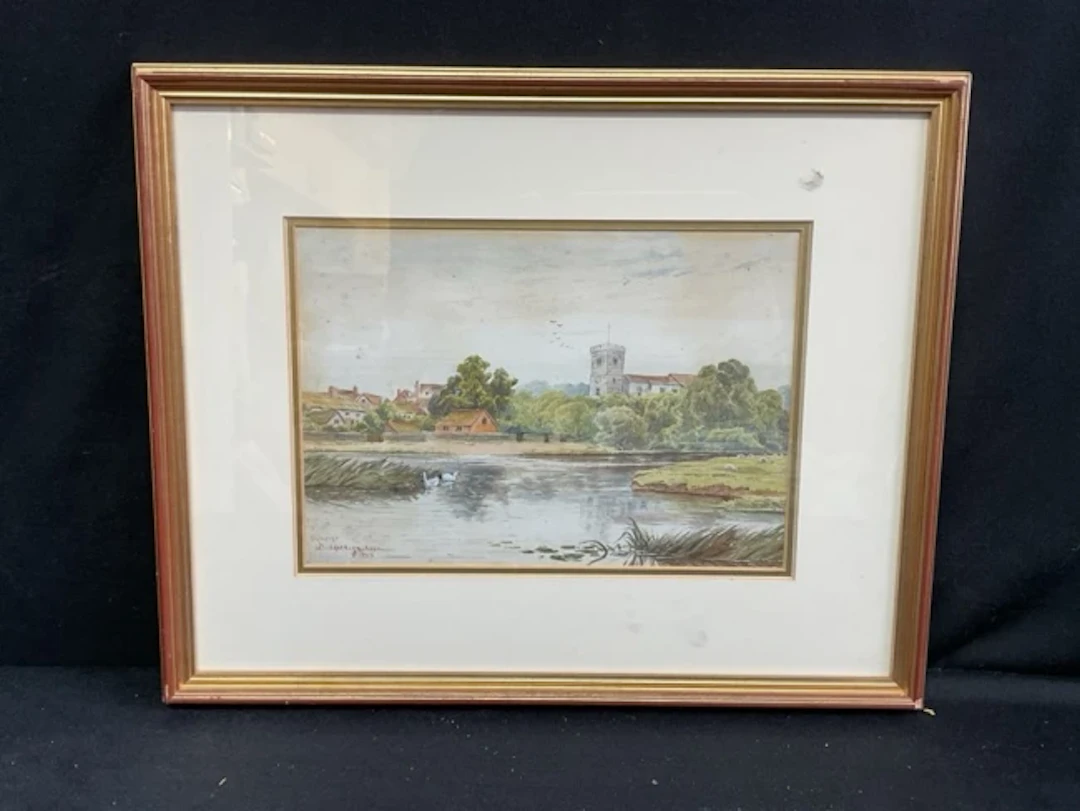 Watercolour, a riverside village scene, titled Sunrise Bidford-on-Avon