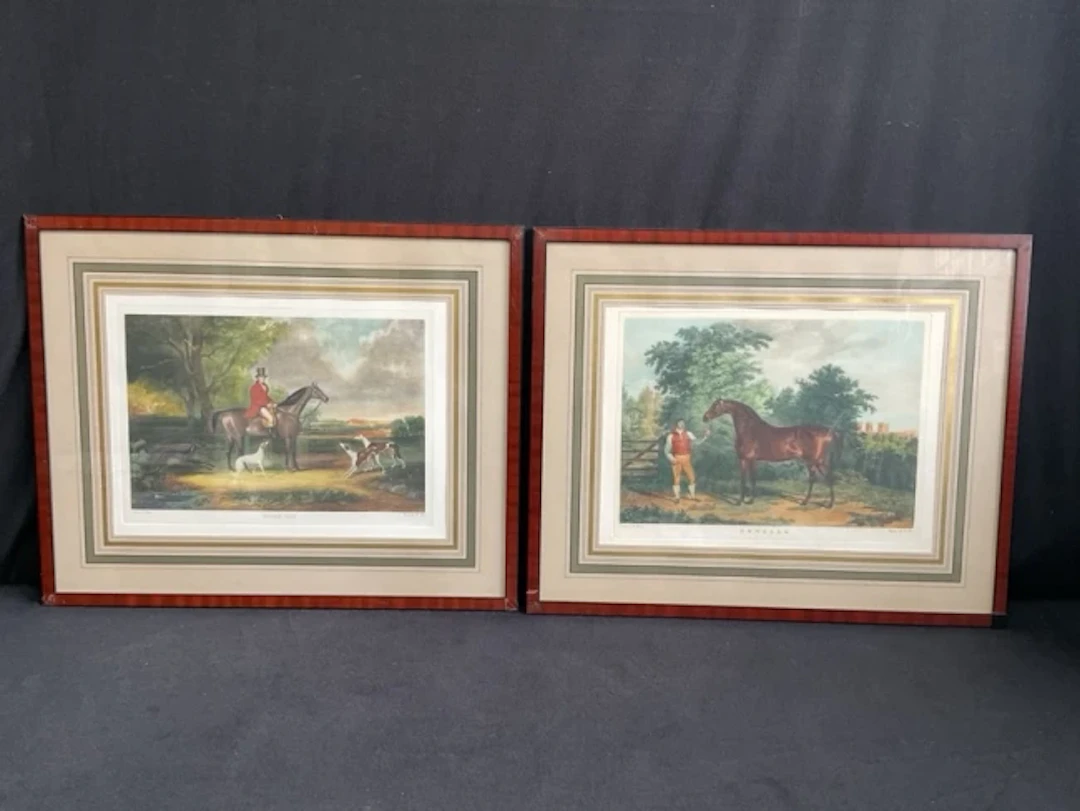 Victorian style coloured landscape horse prints, a pair, huntsman