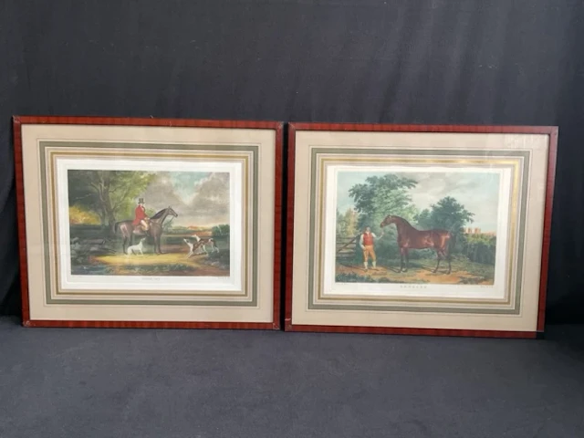 Victorian style coloured landscape horse prints, a pair, huntsman